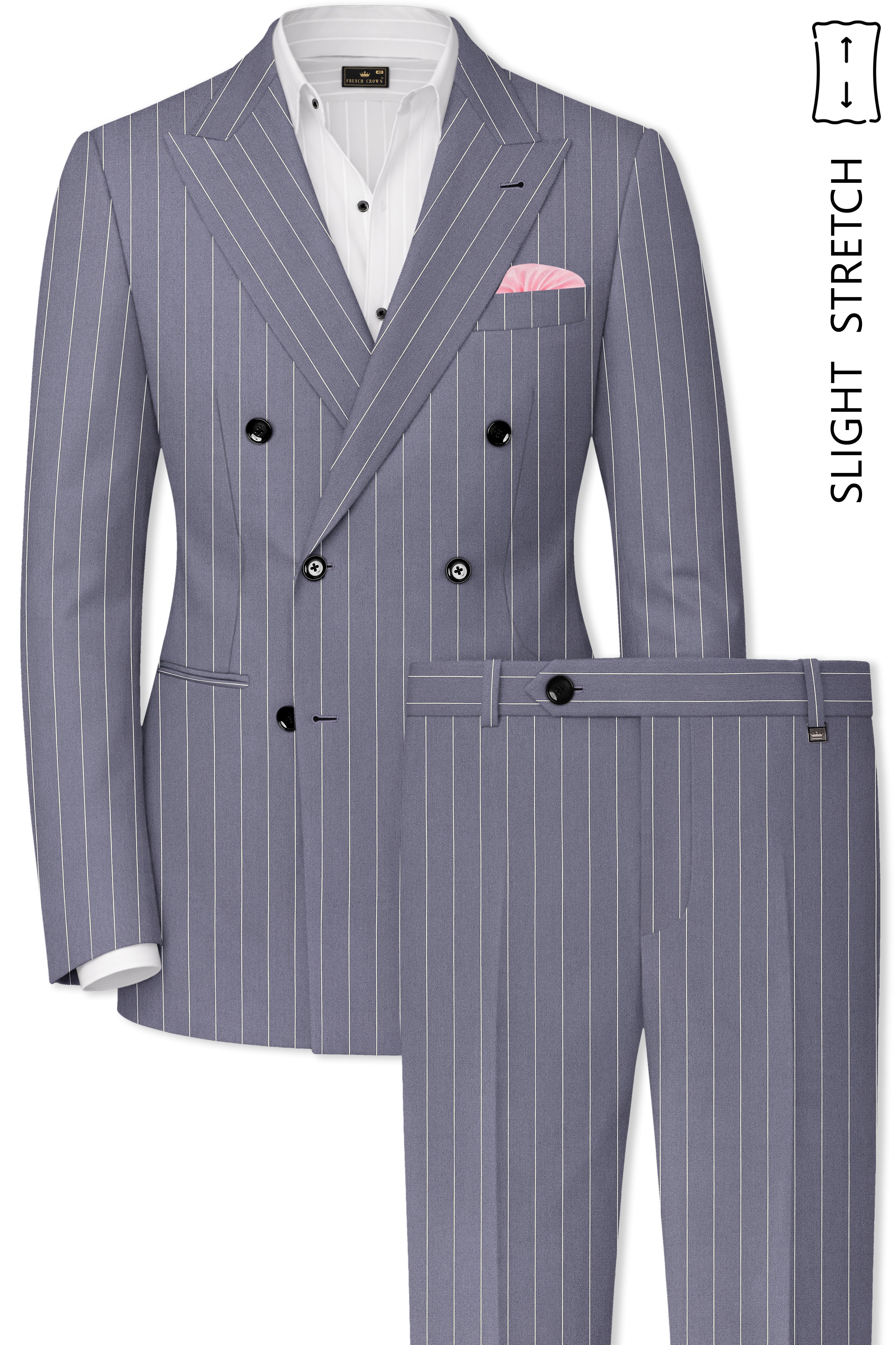 Regent-Mobster Gray And Bright White Chalk Striped Wool Rich Slight Stretch Double Breasted Suit
