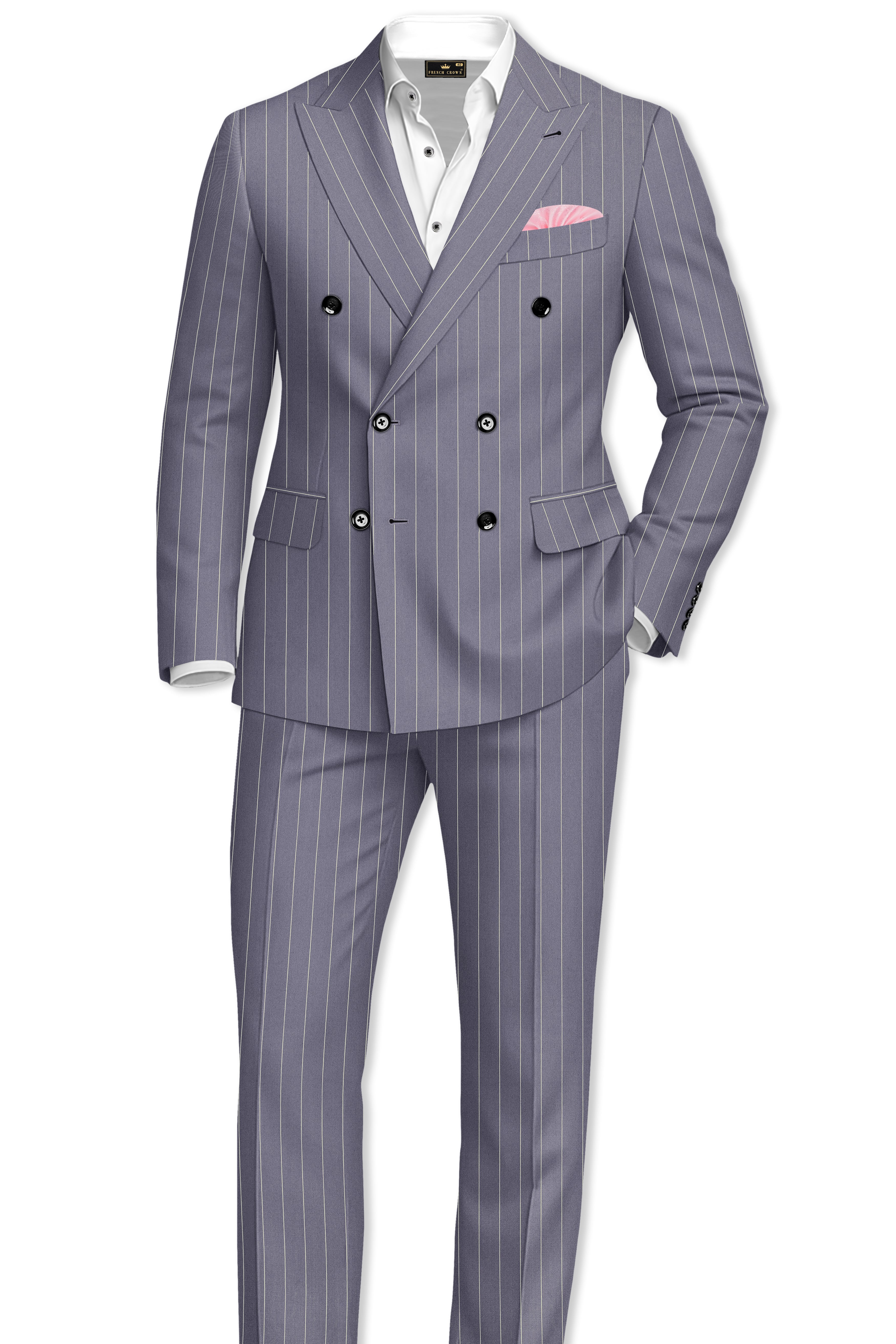 Regent-Mobster Gray And Bright White Chalk Striped Wool Rich Slight Stretch Double Breasted Suit