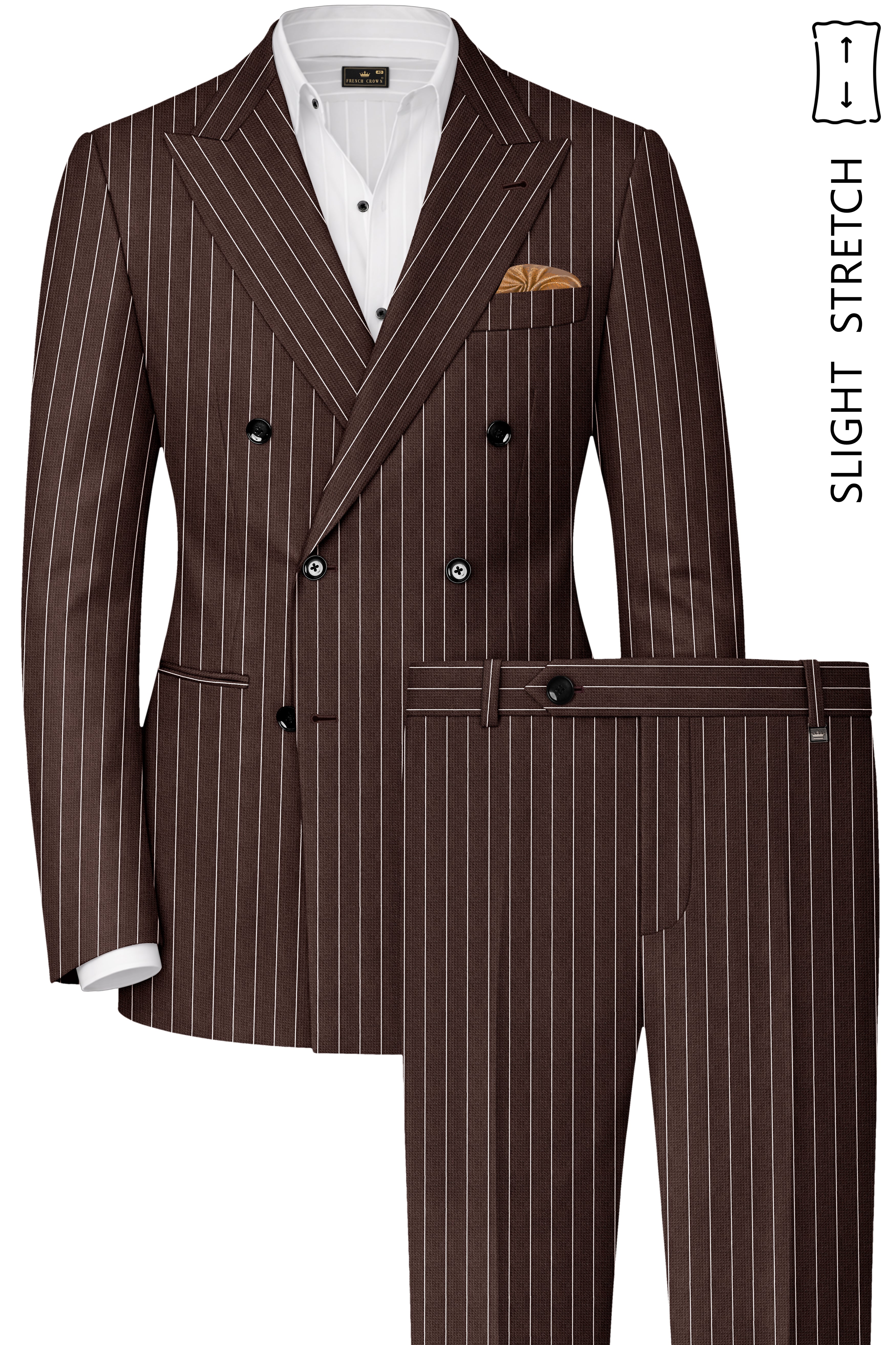 Bristol-Bistre Brown And Bright White Chalk Striped Wool Rich Slight Stretch Double Breasted Suit