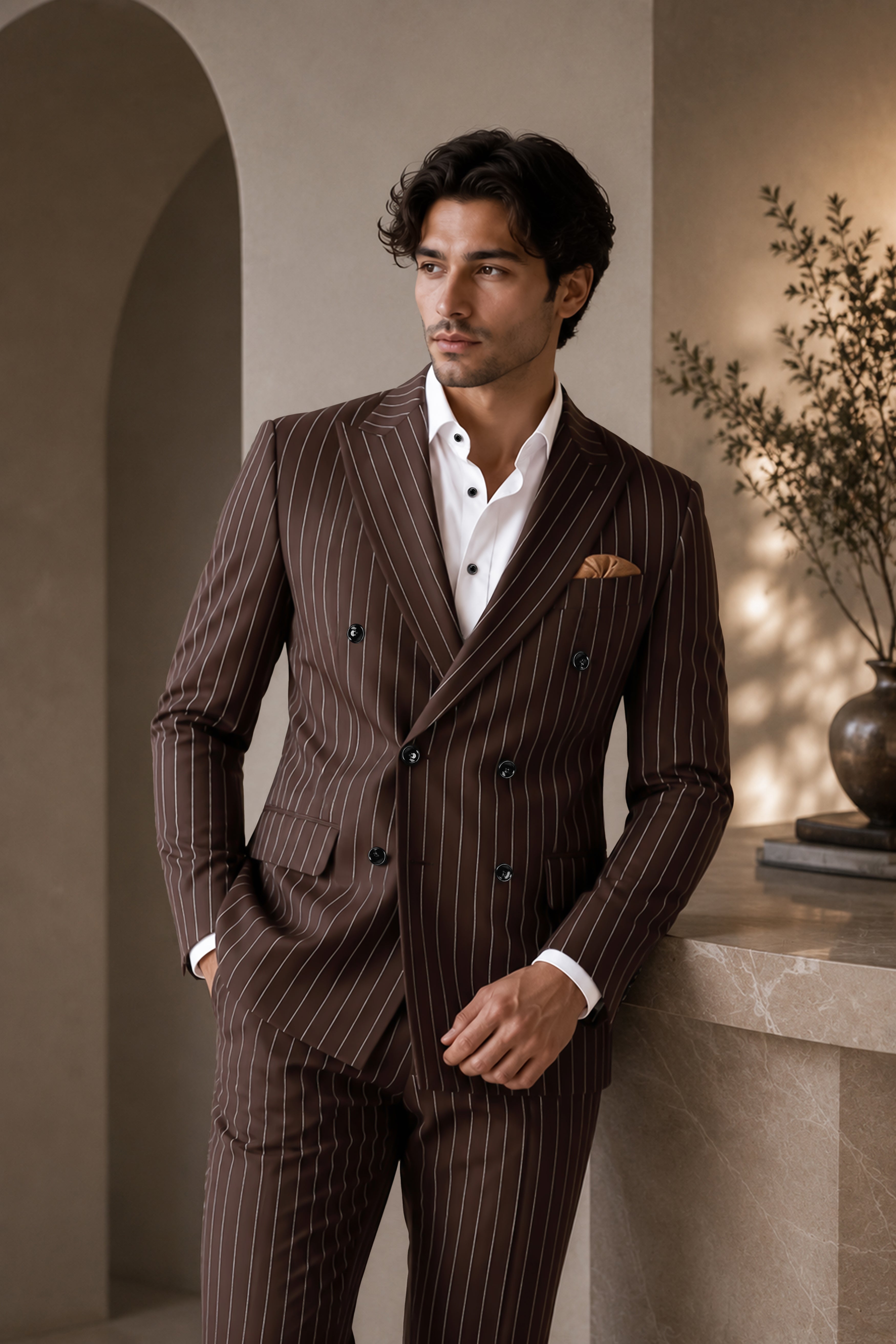 Bristol-Bistre Brown And Bright White Chalk Striped Wool Rich Slight Stretch Double Breasted Suit