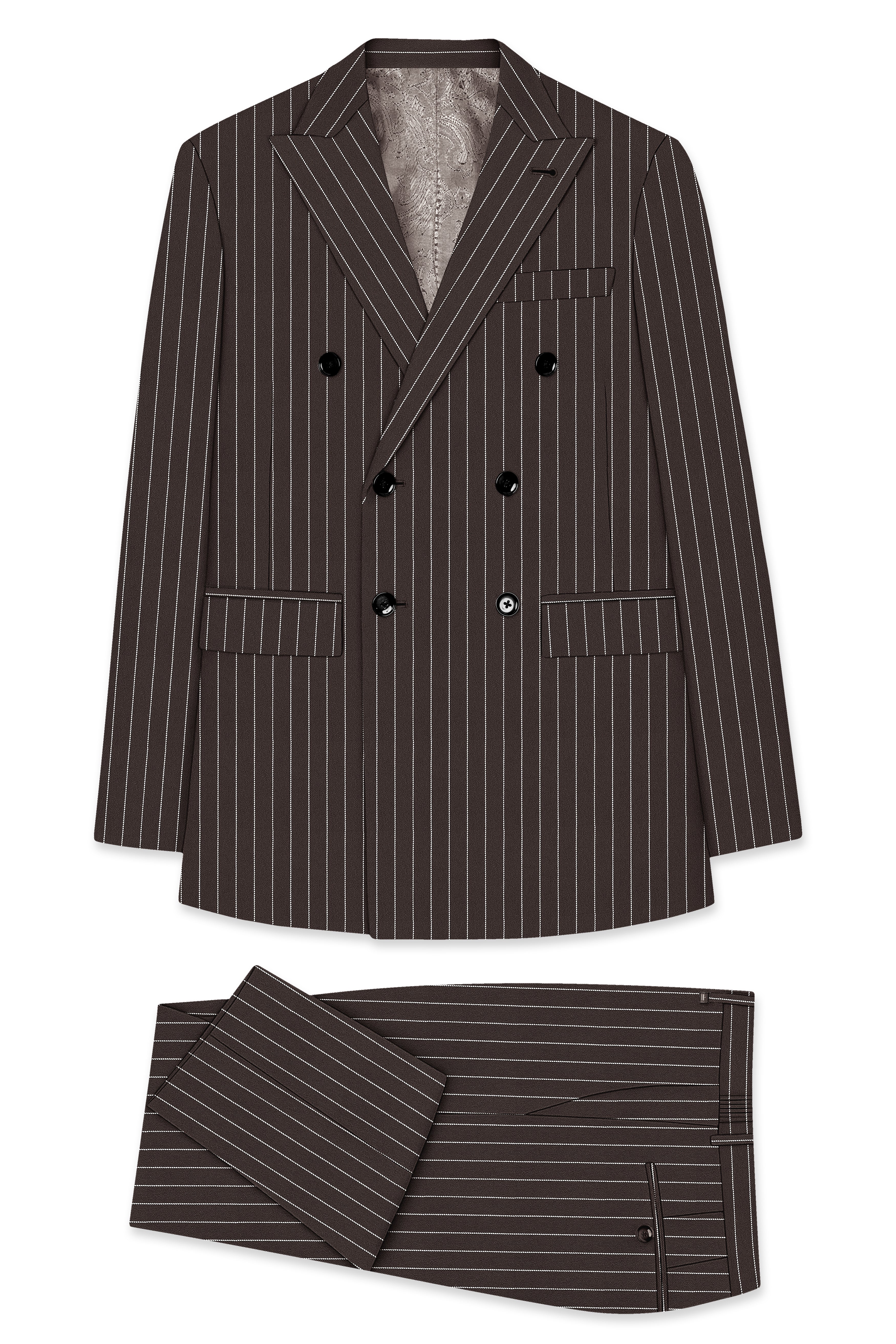 Sovereign-Umber Brown And Bright White Chalk Striped Wool Rich Slight Stretch Double Breasted Suit
