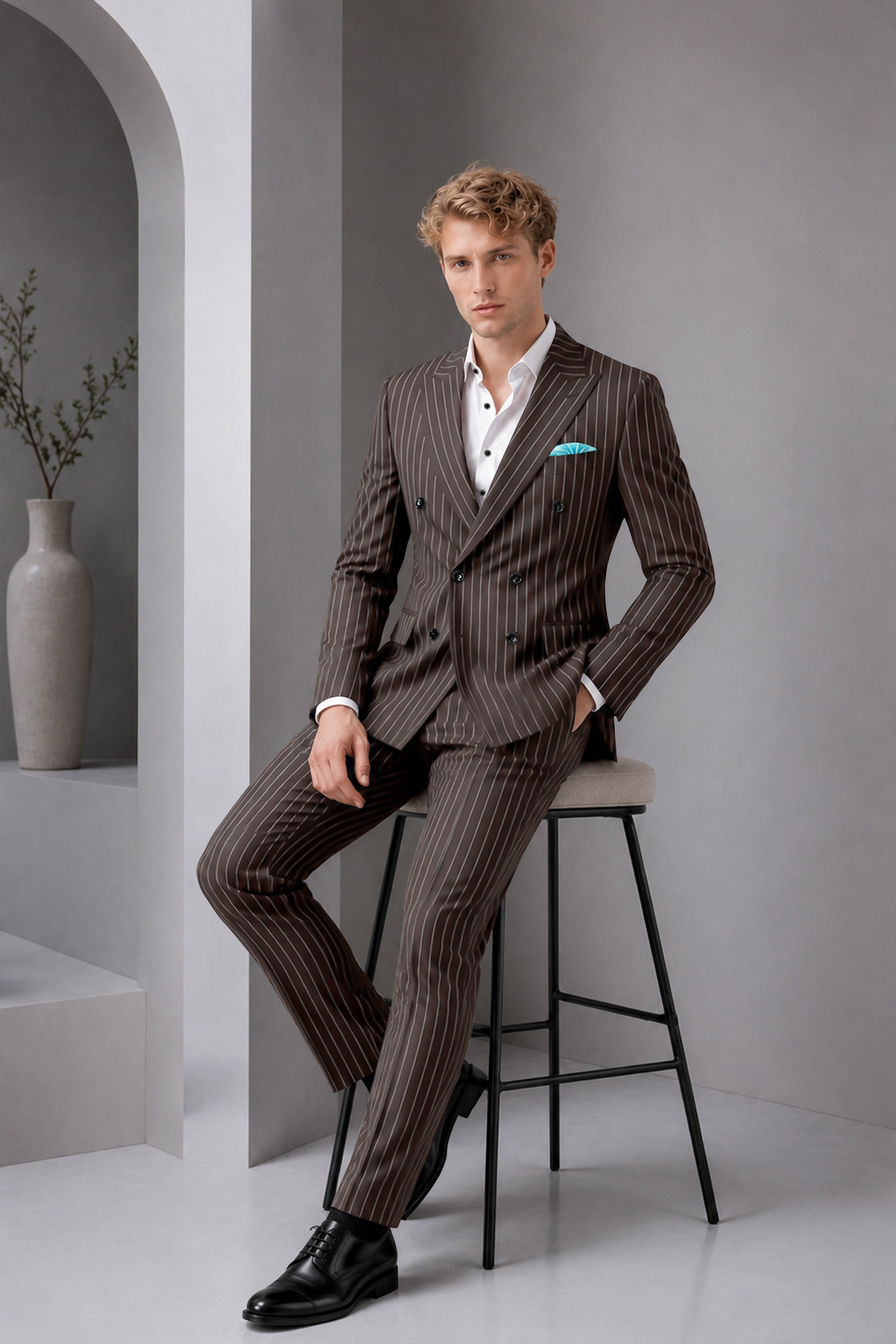 Sovereign-Umber Brown And Bright White Chalk Striped Wool Rich Slight Stretch Double Breasted Suit