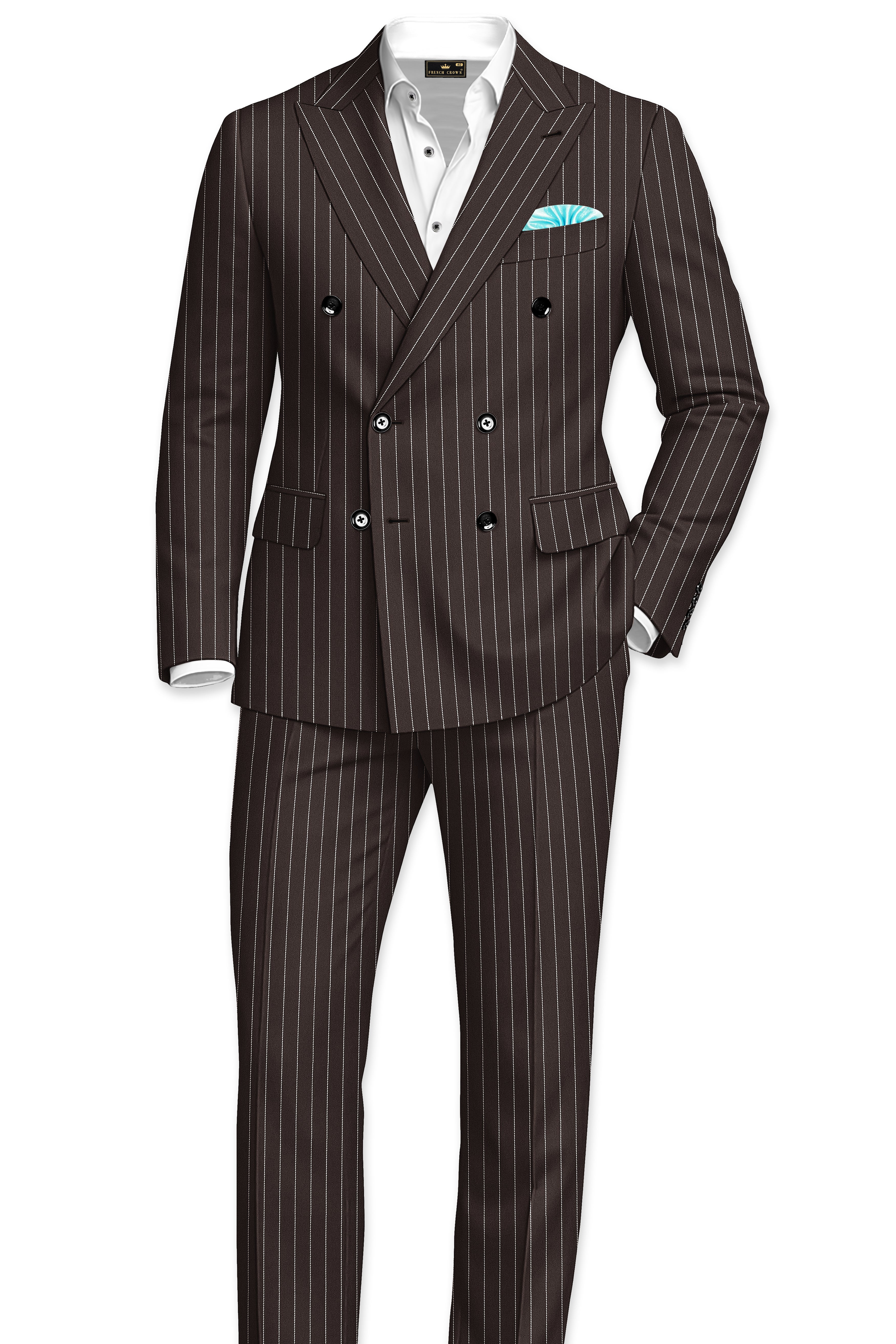 Sovereign-Umber Brown And Bright White Chalk Striped Wool Rich Slight Stretch Double Breasted Suit