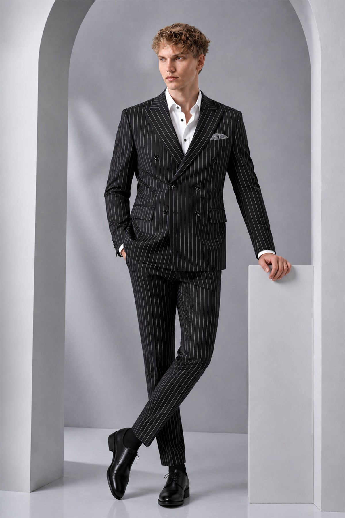 Noir-Jade Black Herringbone Striped Wool Rich Slight Stretch Double Breasted Suit