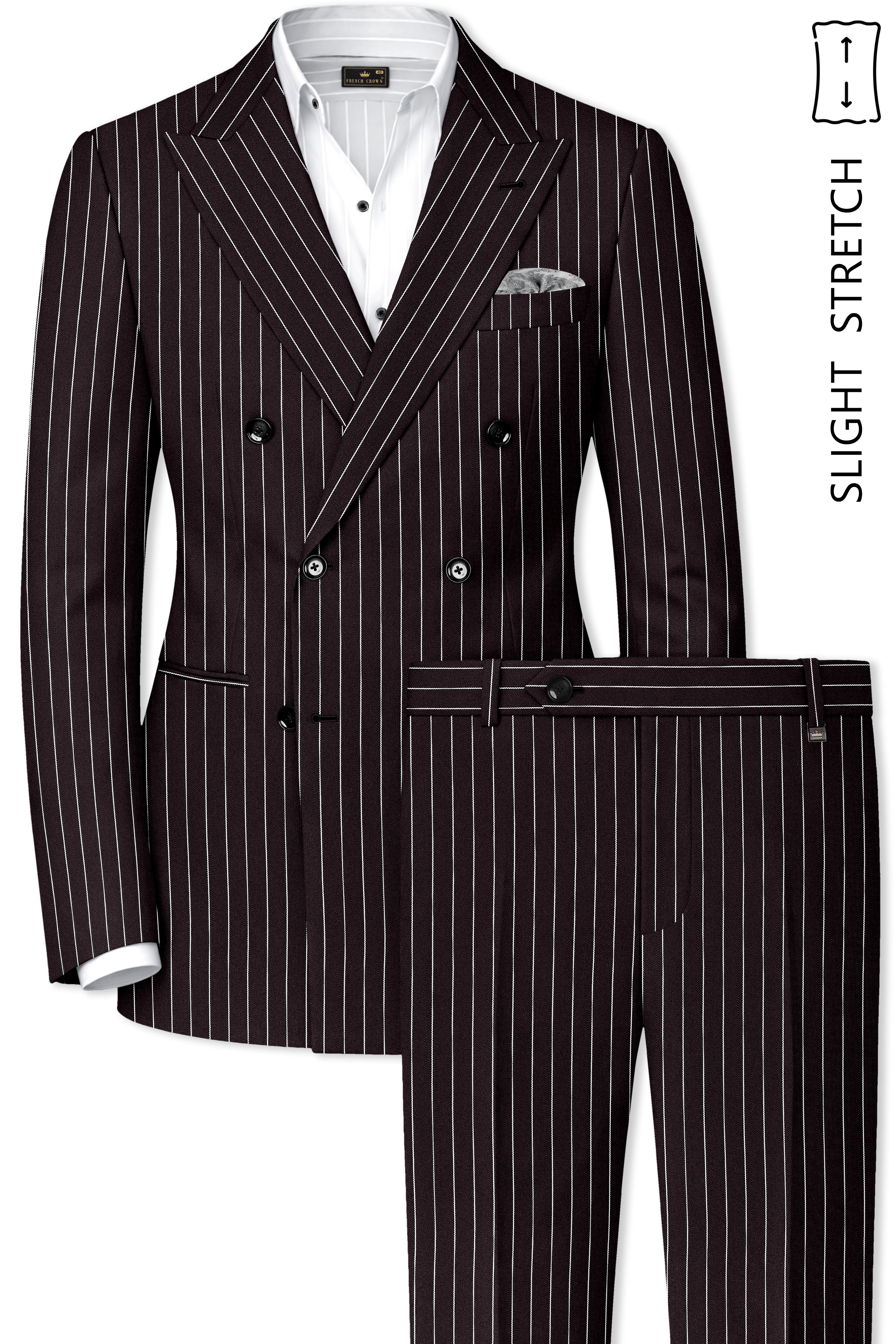 Volt-Thunder Brown Herringbone Striped Wool Rich Slight Stretch Double Breasted Suit