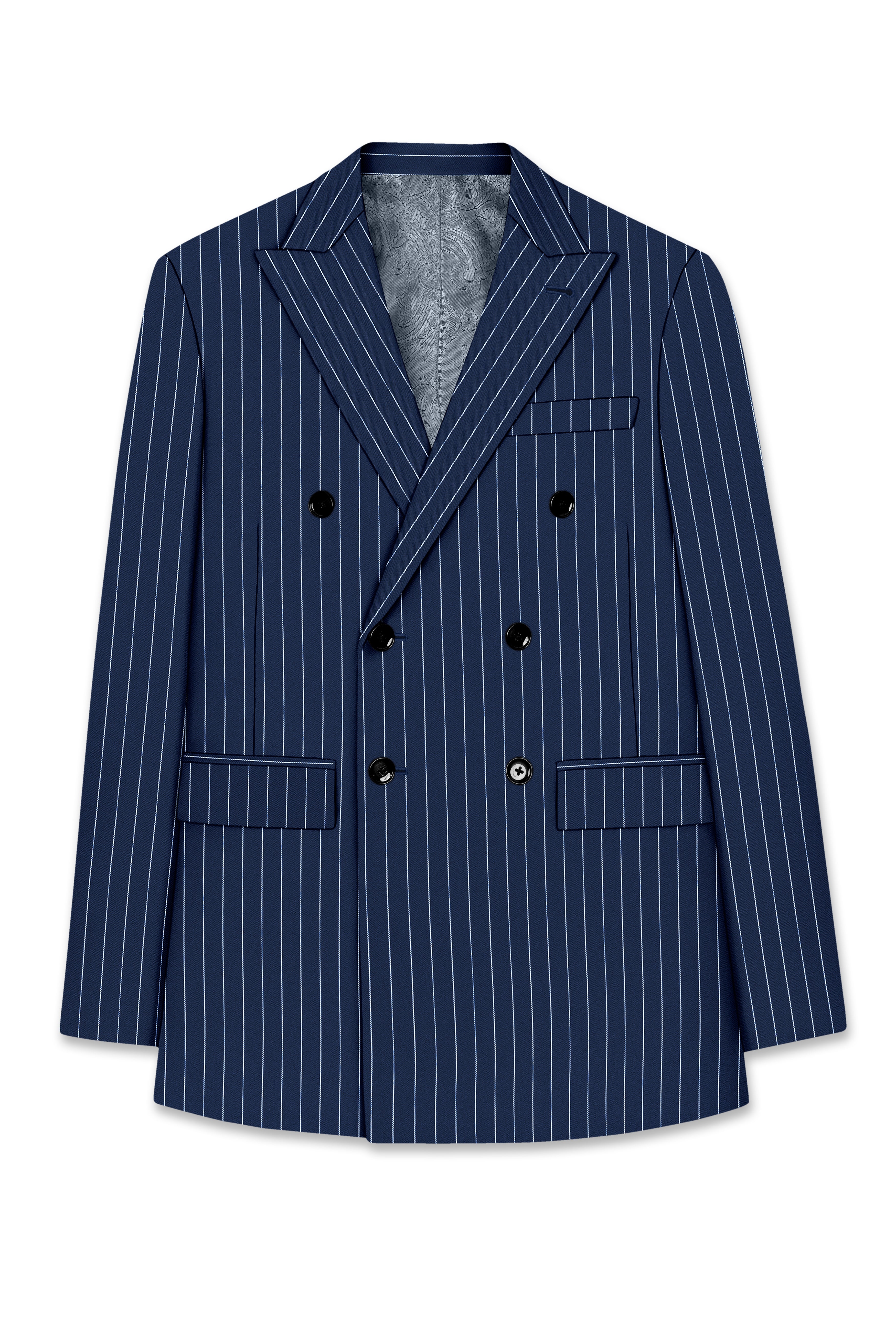 Astris-Space Blue Herringbone Striped Wool Rich Slight Stretch Double Breasted Suit