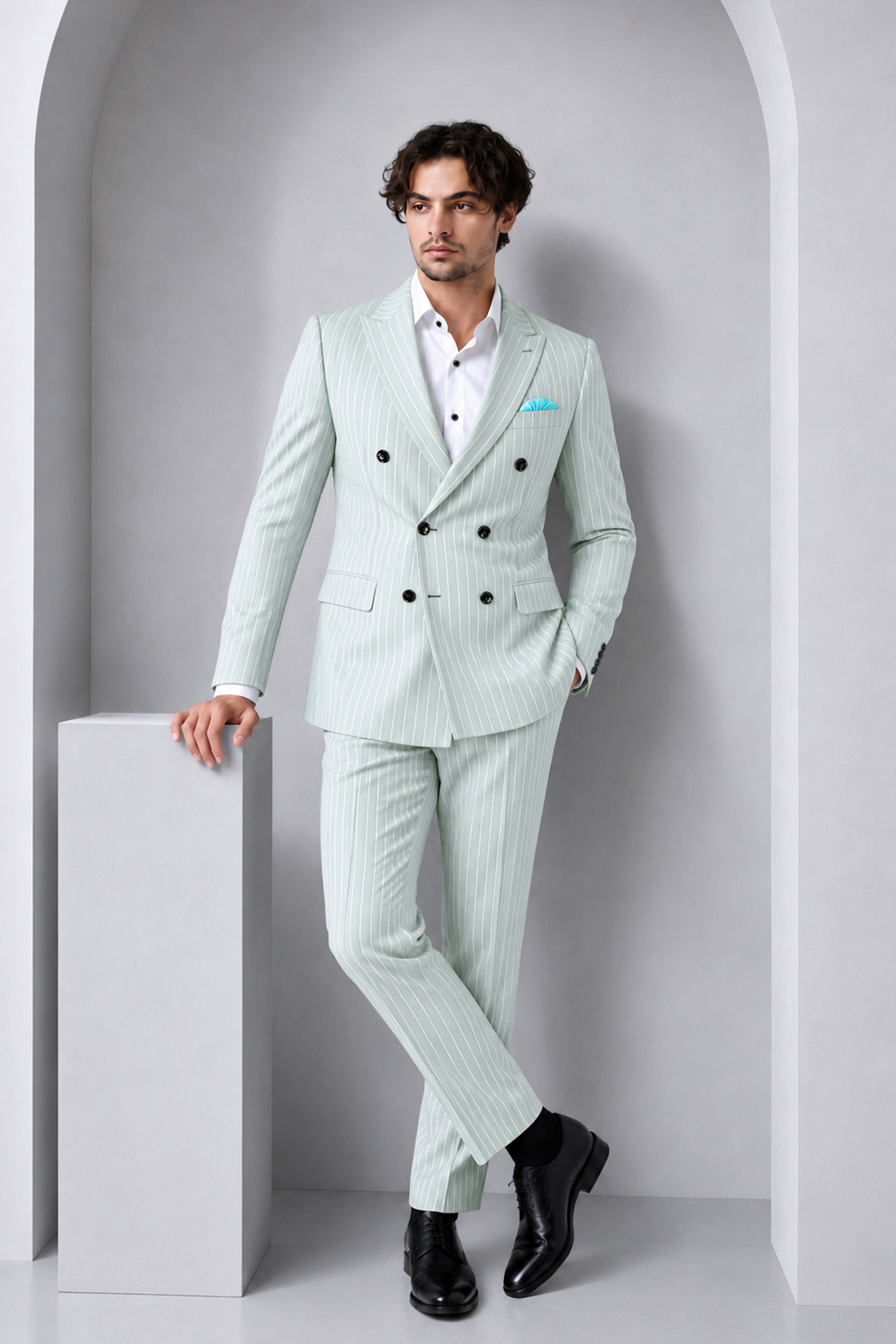 Slate-Tiara Gray And Bright White Chalk Striped Wool Rich Slight Stretch Double Breasted Suit