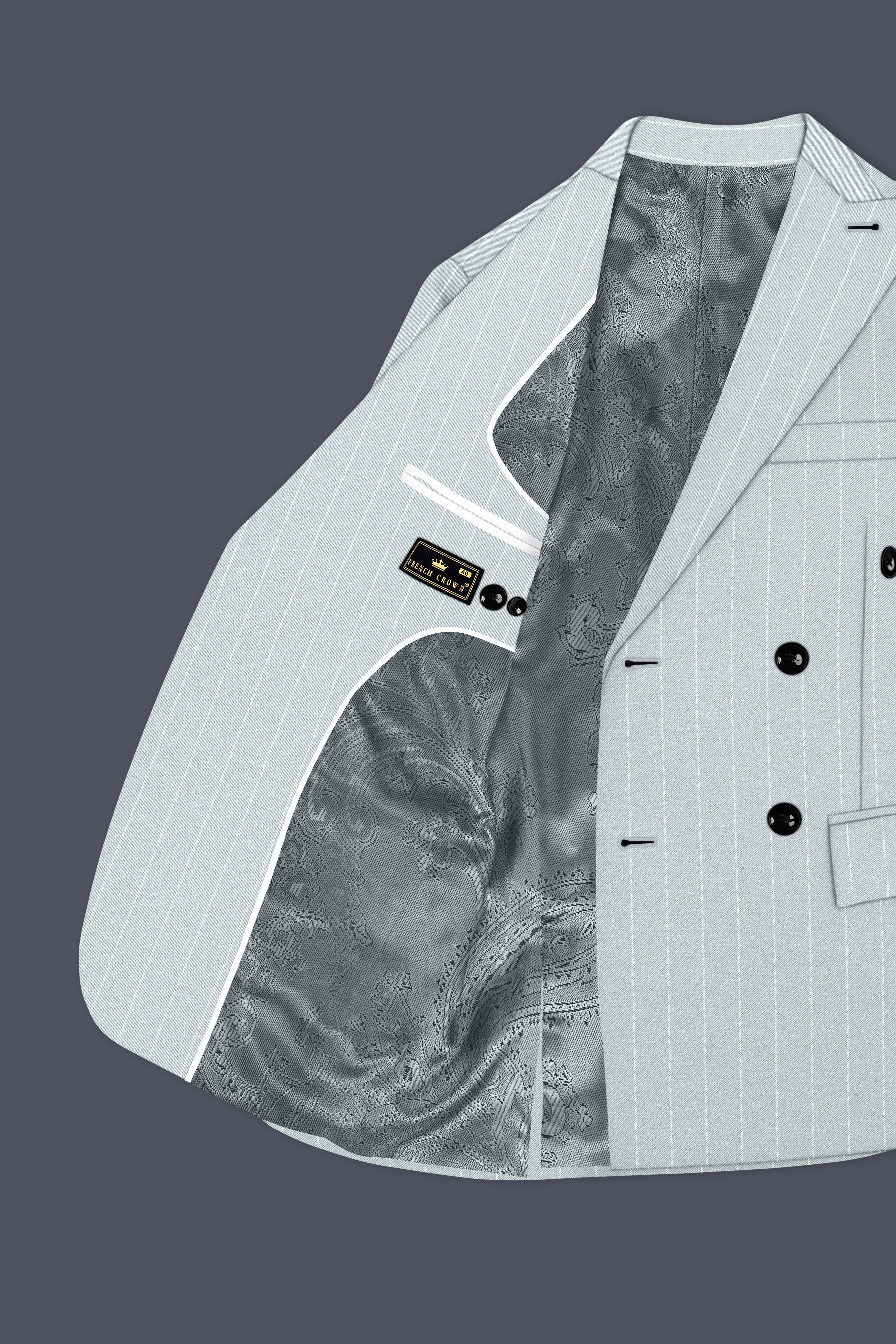 Slate-Tiara Gray And Bright White Chalk Striped Wool Rich Slight Stretch Double Breasted Suit