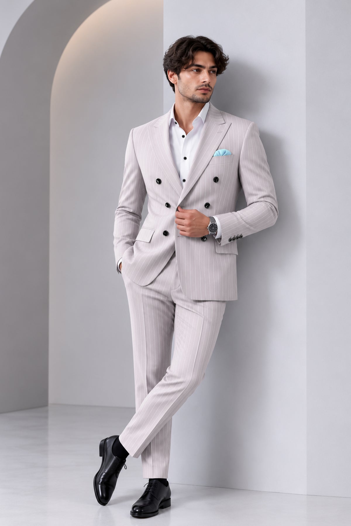 Roselle-Thistle Pink And Bright White Chalk Striped Wool Rich Slight Stretch Double Breasted Suit