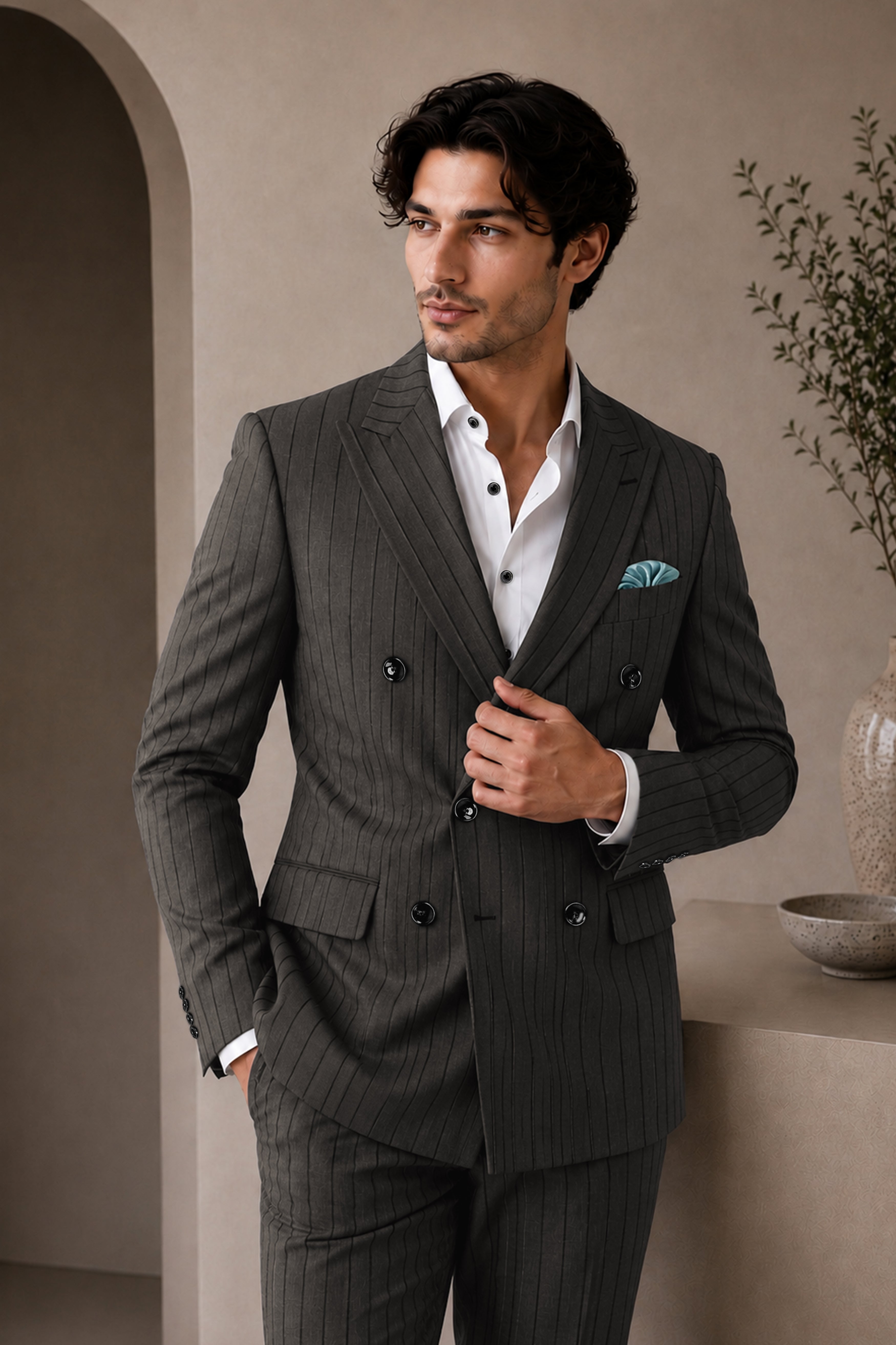 Heritage-Iridium Brown And Bright White Chalk Striped Wool Rich Slight Stretch Double Breasted Suit
