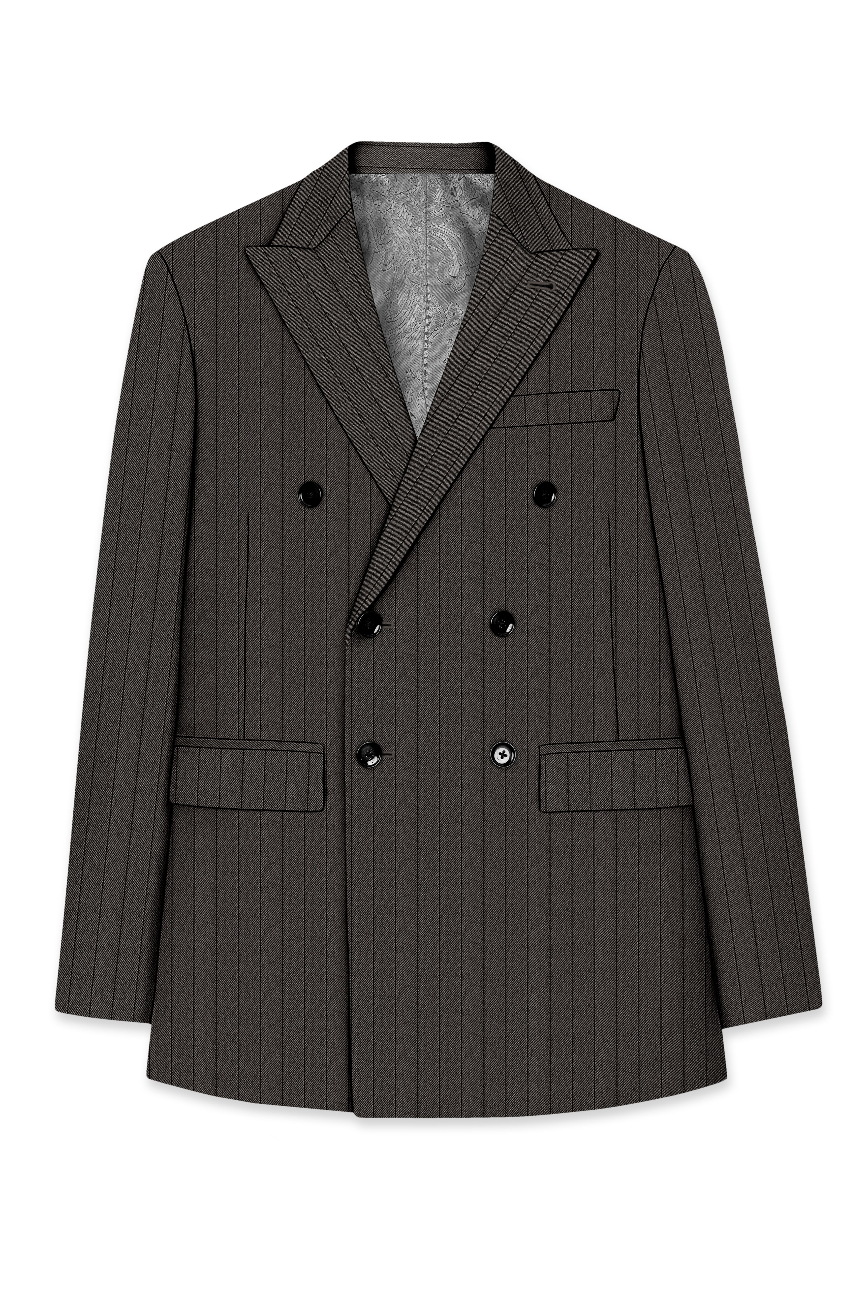 Heritage-Iridium Brown And Bright White Chalk Striped Wool Rich Slight Stretch Double Breasted Suit