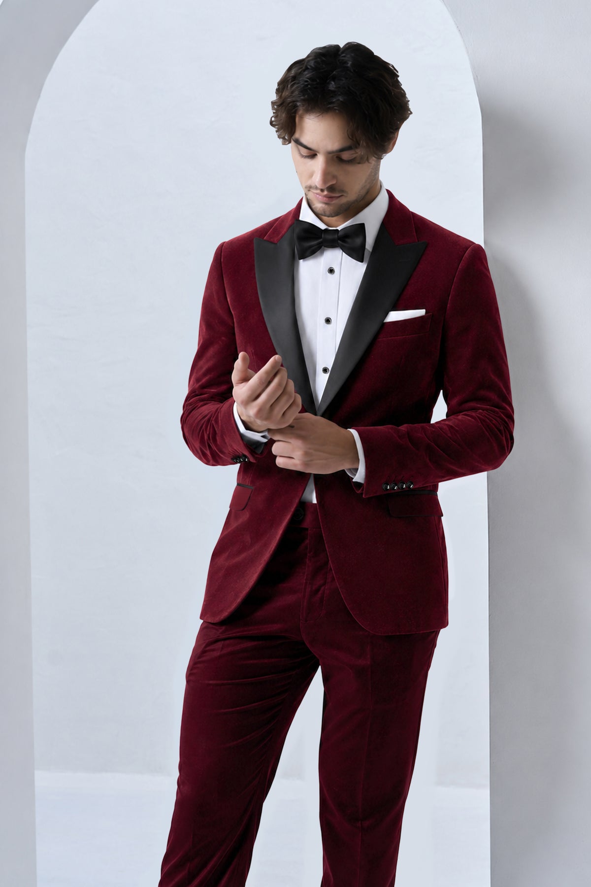 Aurelio-Aubergine Red Velvet Peak Lapel Tuxedo Suit