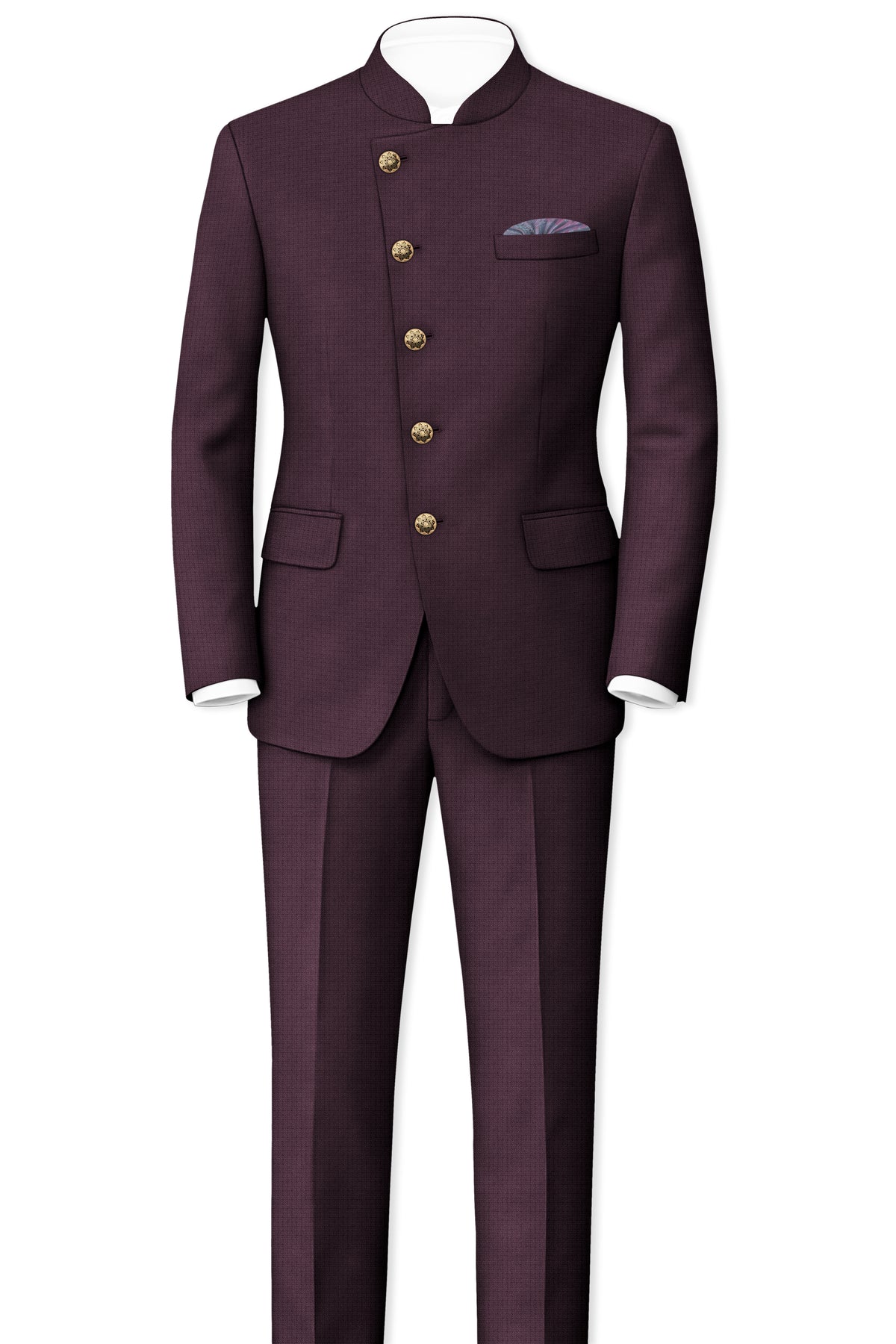 Velaris-Thunder Purple Diamond Textured Wool Rich Slight Stretch Cross Placket Bandhgala Suit