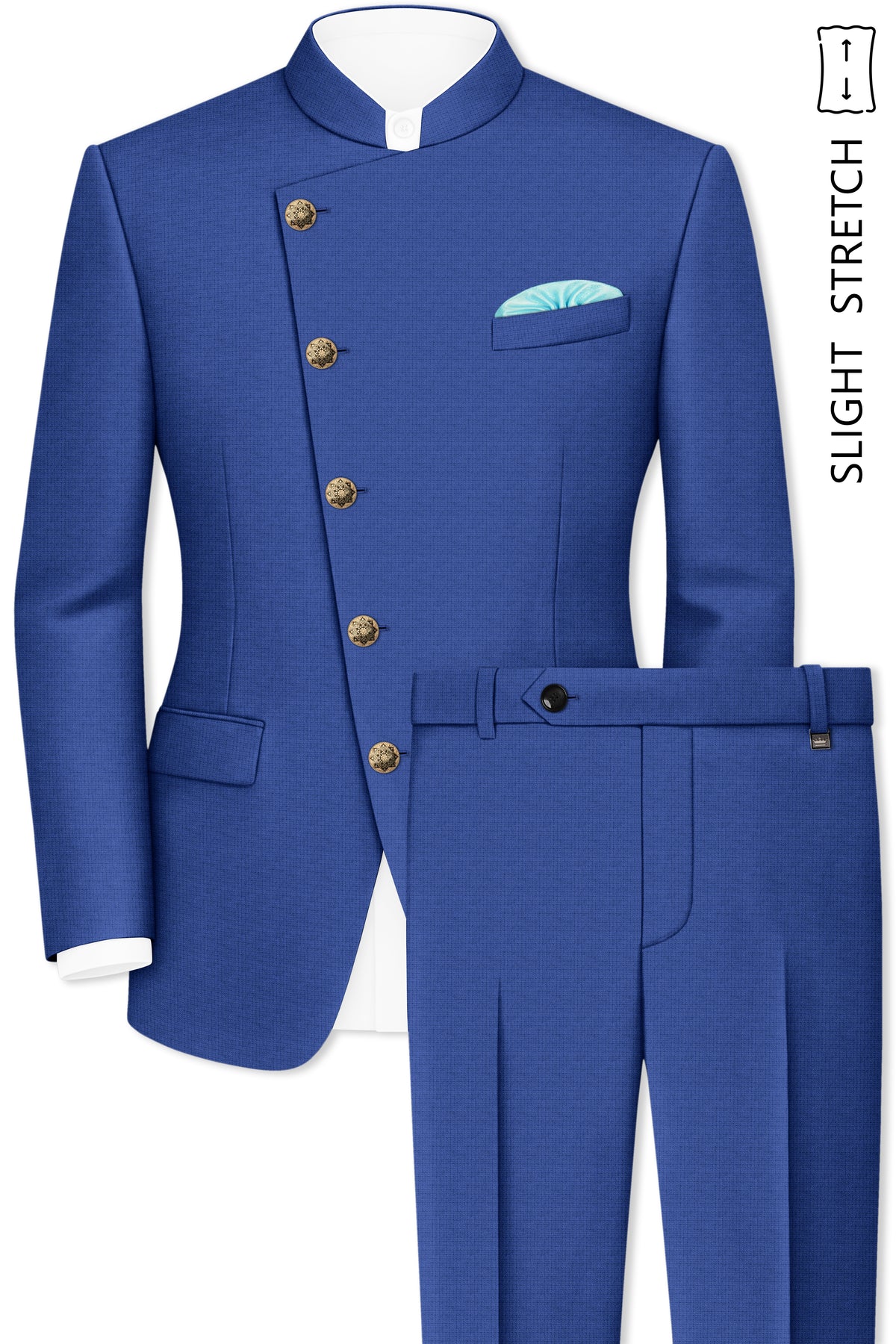 Aurelio-Chambray Blue Diamond Textured Wool Rich Slight Stretch Cross Placket Bandhgala Suit