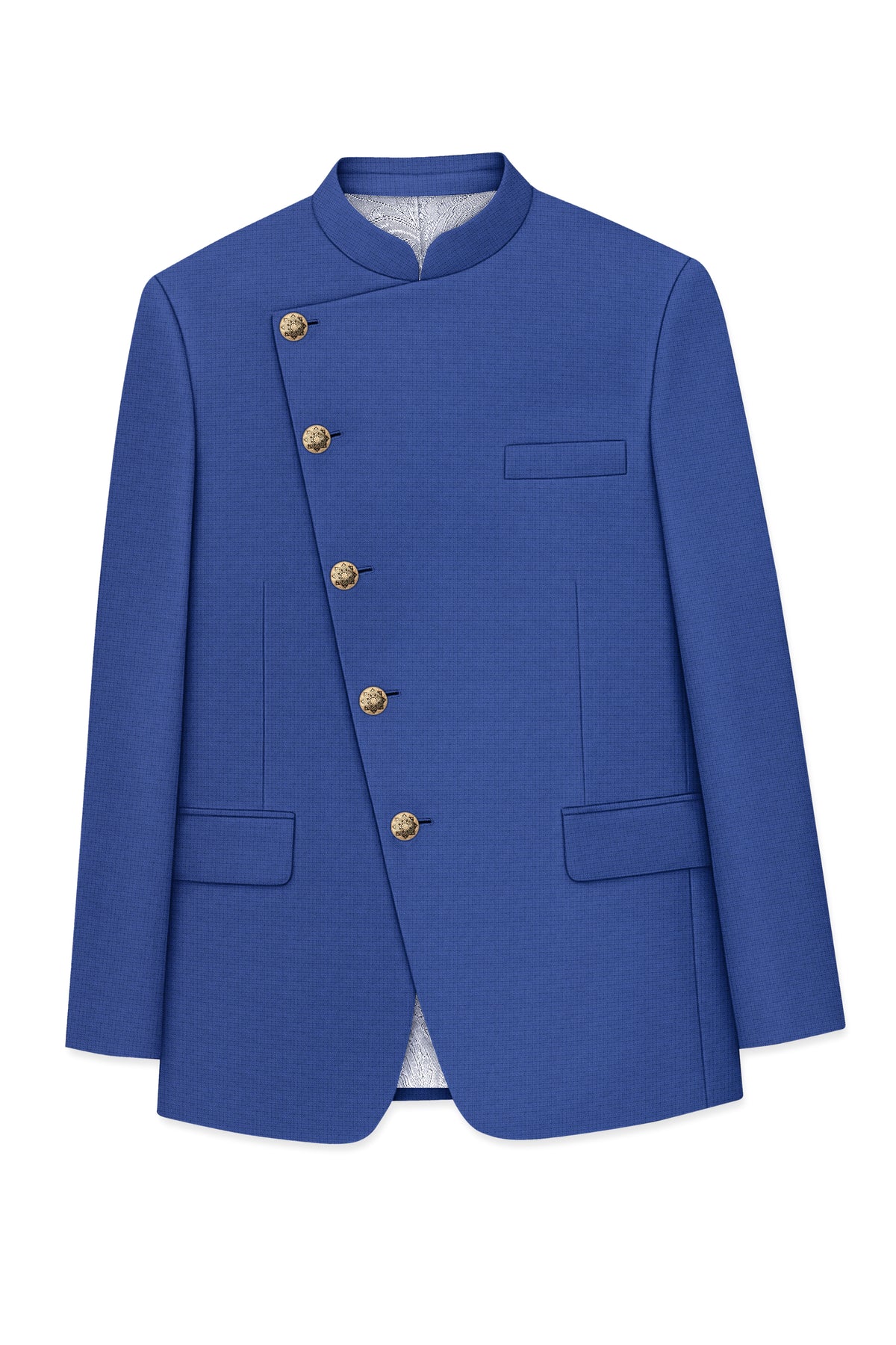 Aurelio-Chambray Blue Diamond Textured Wool Rich Slight Stretch Cross Placket Bandhgala Suit