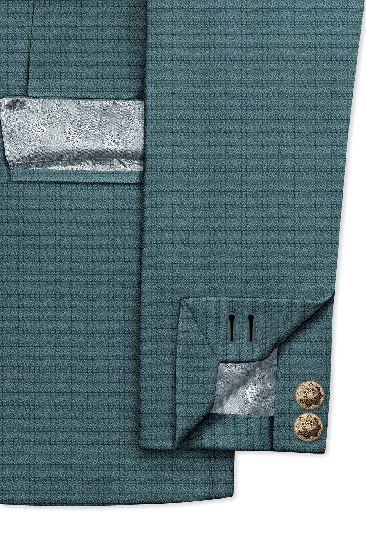 Viridian-Beetle Green Diamond Textured Wool Rich Slight Stretch Cross Placket Bandhgala Suit