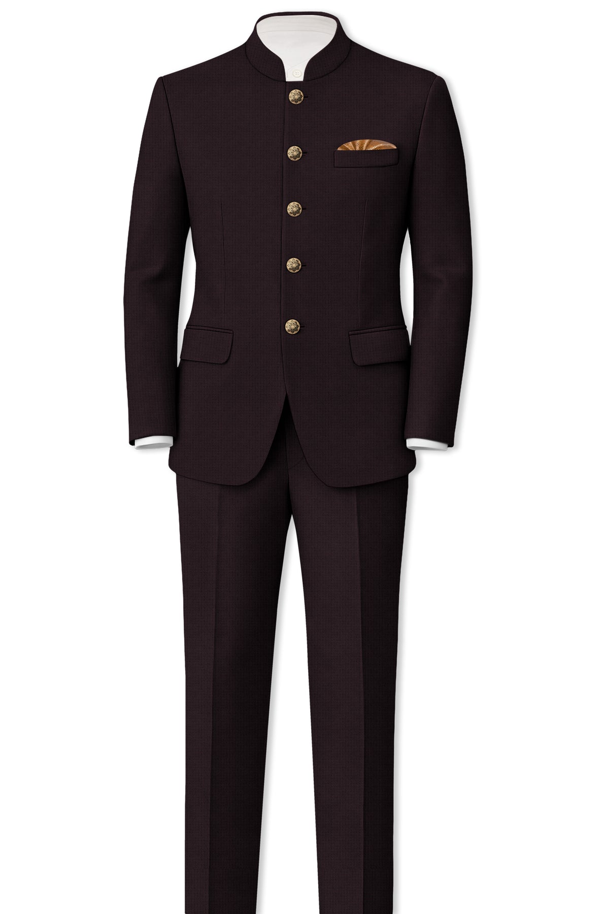 Regency-Cocoa Brown Diamond Textured Wool Rich Slight Stretch Bandhgala Suit