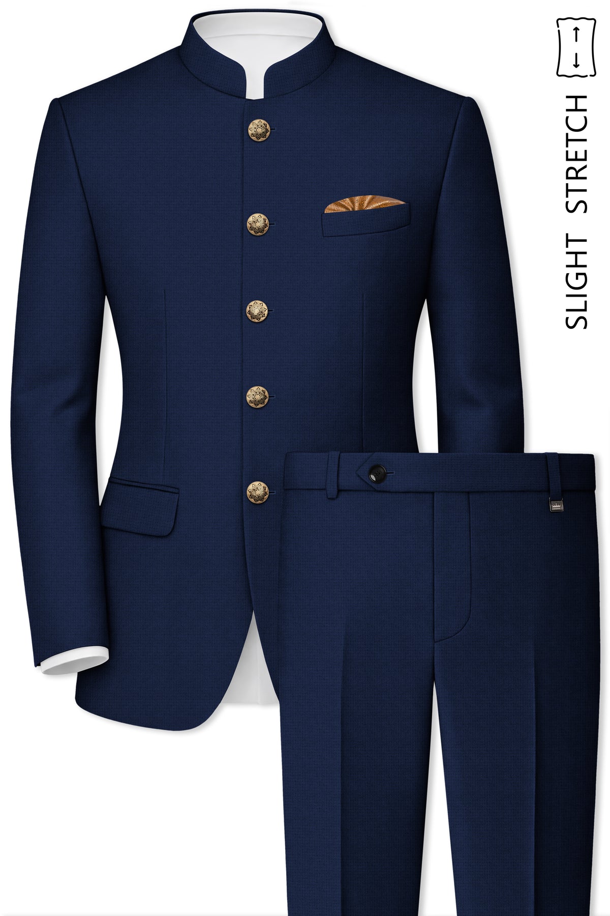 Regent-Ebony Blue Diamond Textured Wool Rich Slight Stretch Bandhgala Suit