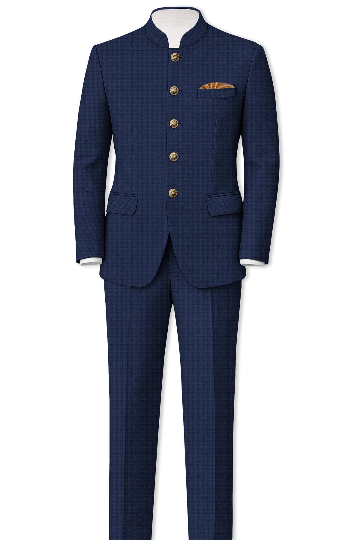 Regent-Ebony Blue Diamond Textured Wool Rich Slight Stretch Bandhgala Suit