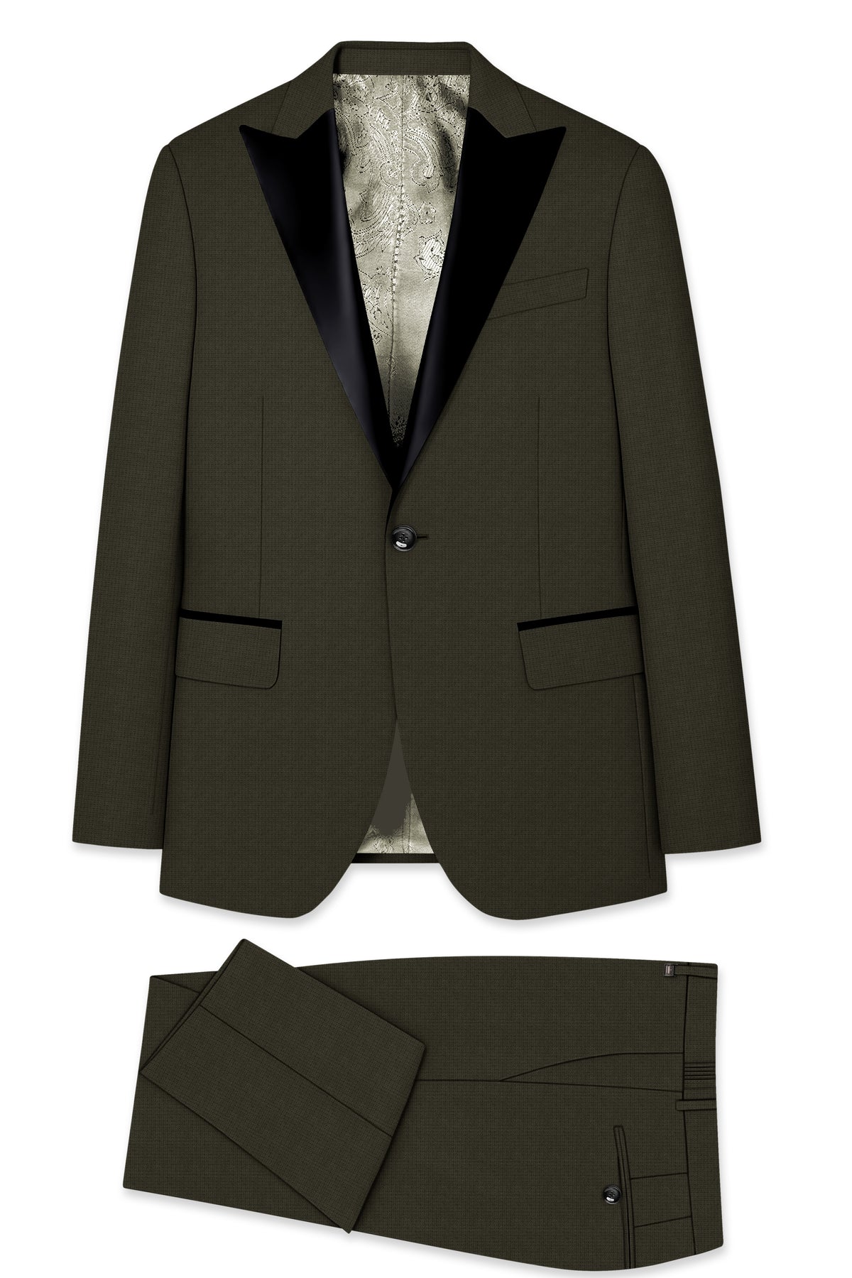 Prestige-Zeus Green Diamond Textured Wool Rich Slight Stretch Peak Lapel Tuxedo Suit
