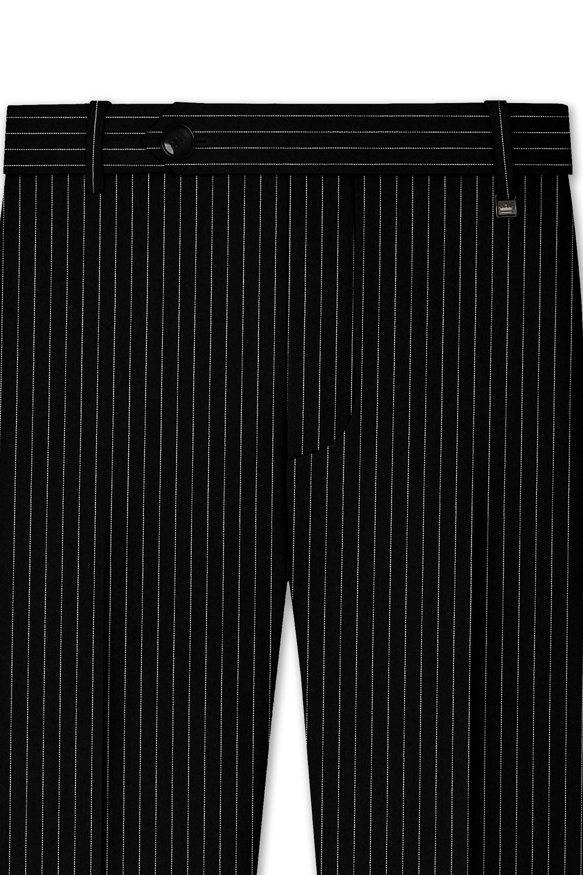 Gravitas-Jade Black And Bright White Chalk Striped Wool Rich Wrinkle-Free Fluid Drape Fabric Single Breasted Suit