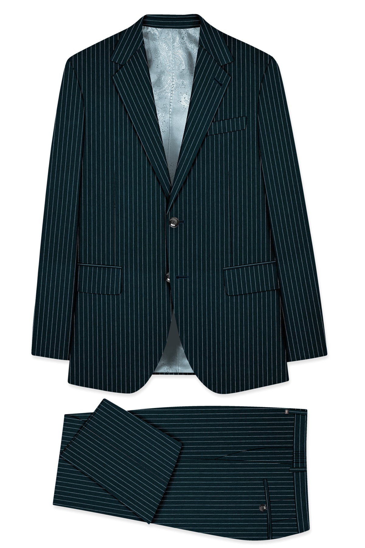 Zenith-Imperial Teal And Bright White Chalk Striped Wool Rich Wrinkle-Free Fluid Drape Fabric Single Breasted Suit