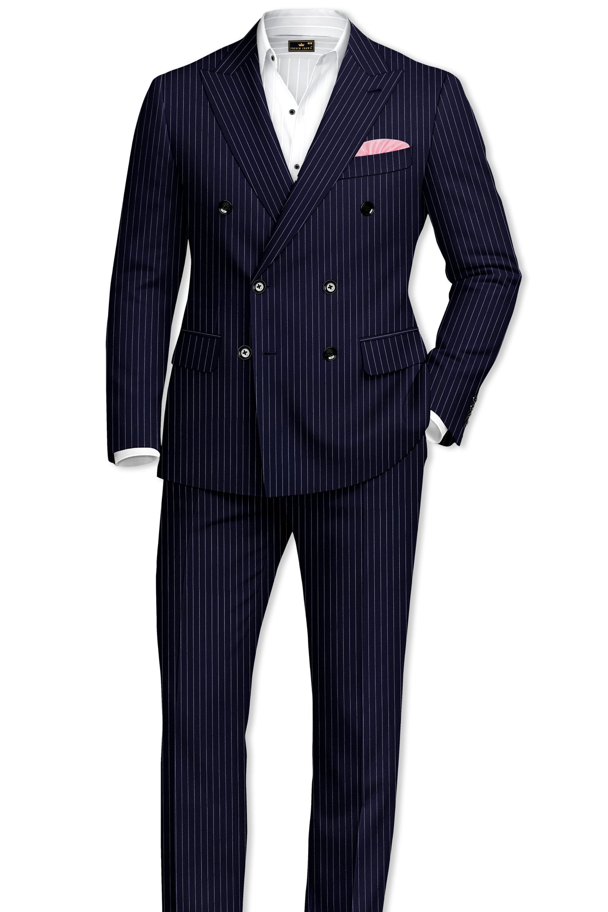 Mariner-Denim Blue And Bright White Chalk Striped Wool Rich Wrinkle-Free Fluid Drape Fabric Double Breasted Suit