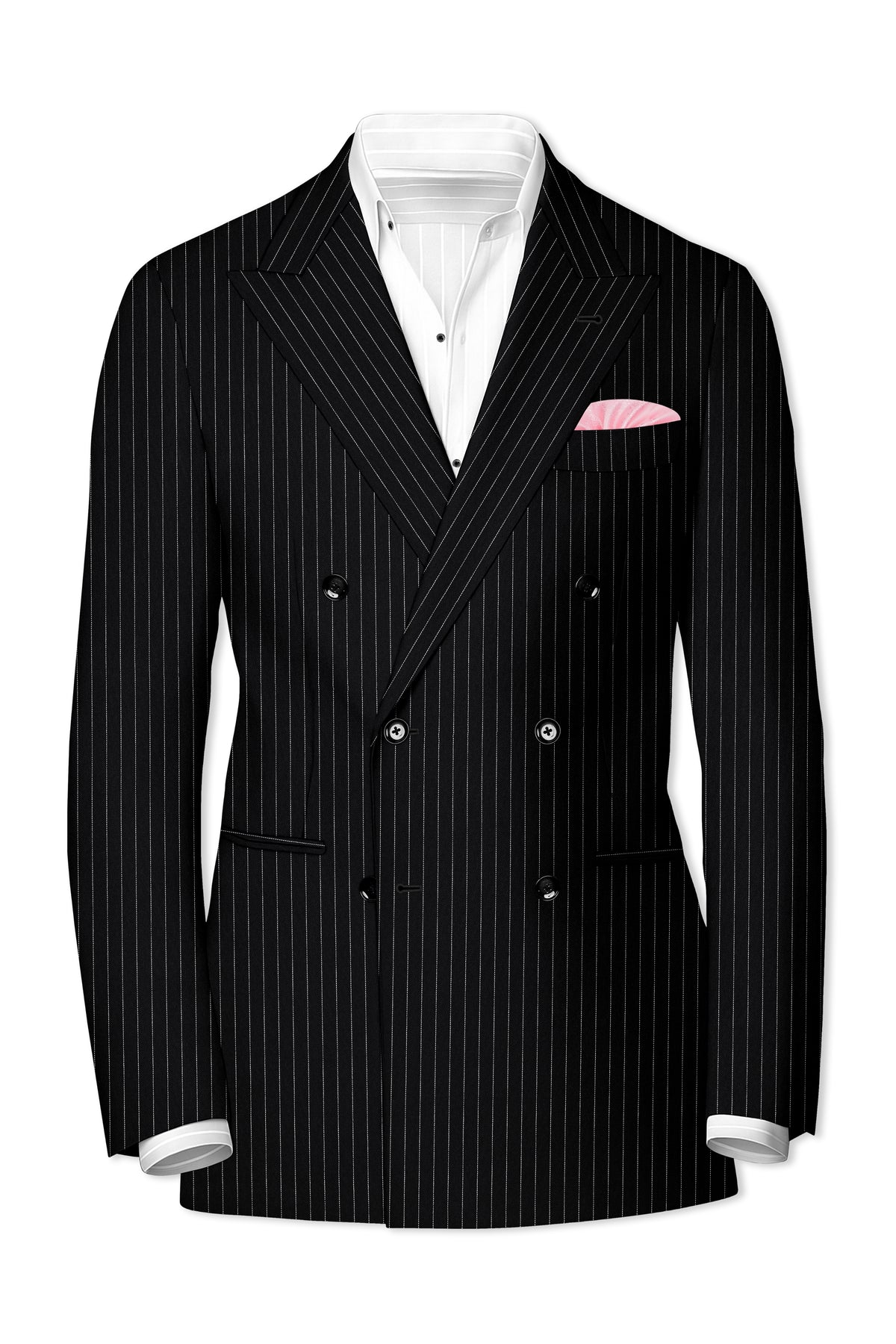 Gravitas-Jade Black And Bright White Chalk Striped Wool Rich Wrinkle-Free Fluid Drape Fabric Double Breasted Suit