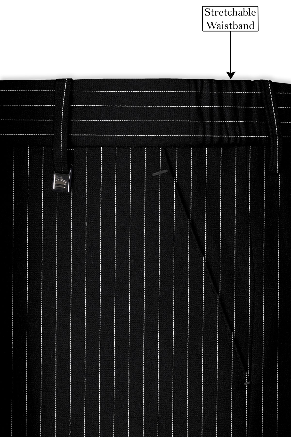 Gravitas-Jade Black And Bright White Chalk Striped Wool Rich Wrinkle-Free Fluid Drape Fabric Double Breasted Suit