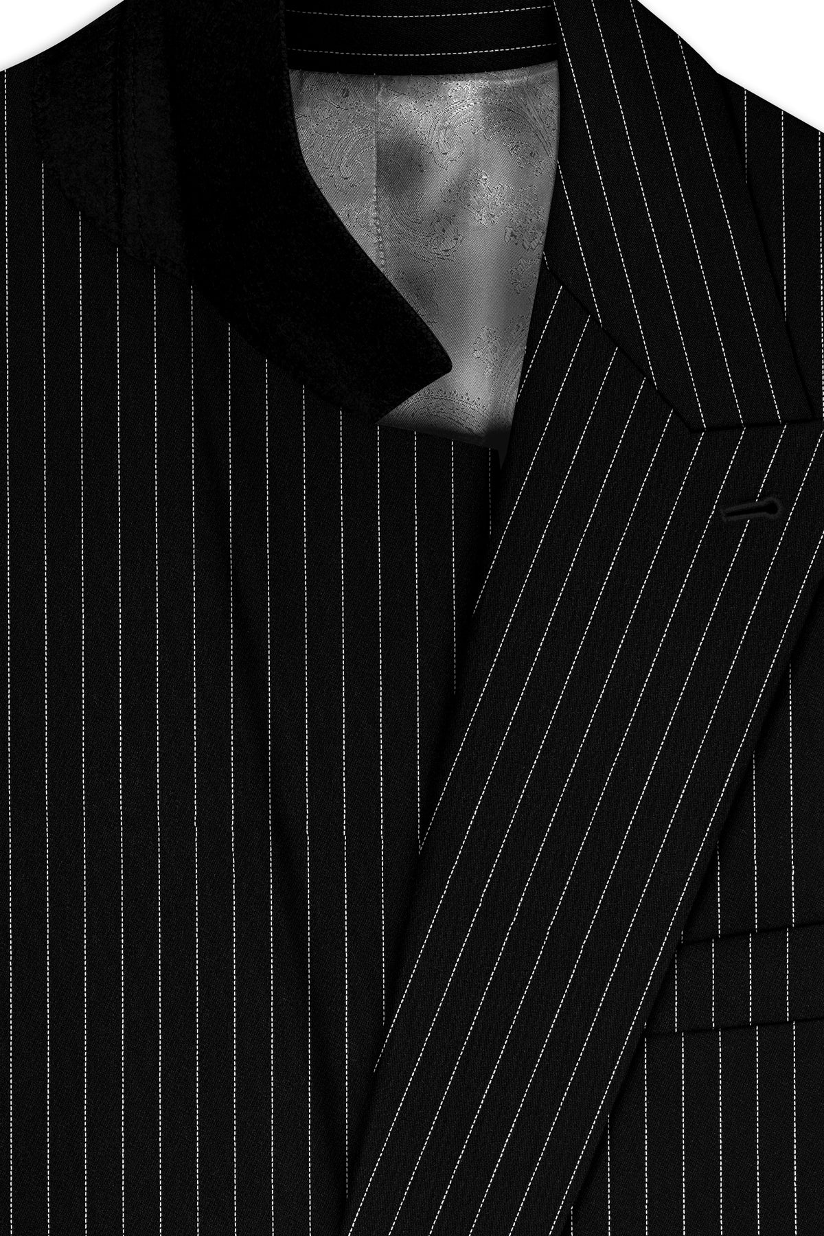 Gravitas-Jade Black And Bright White Chalk Striped Wool Rich Wrinkle-Free Fluid Drape Fabric Double Breasted Suit
