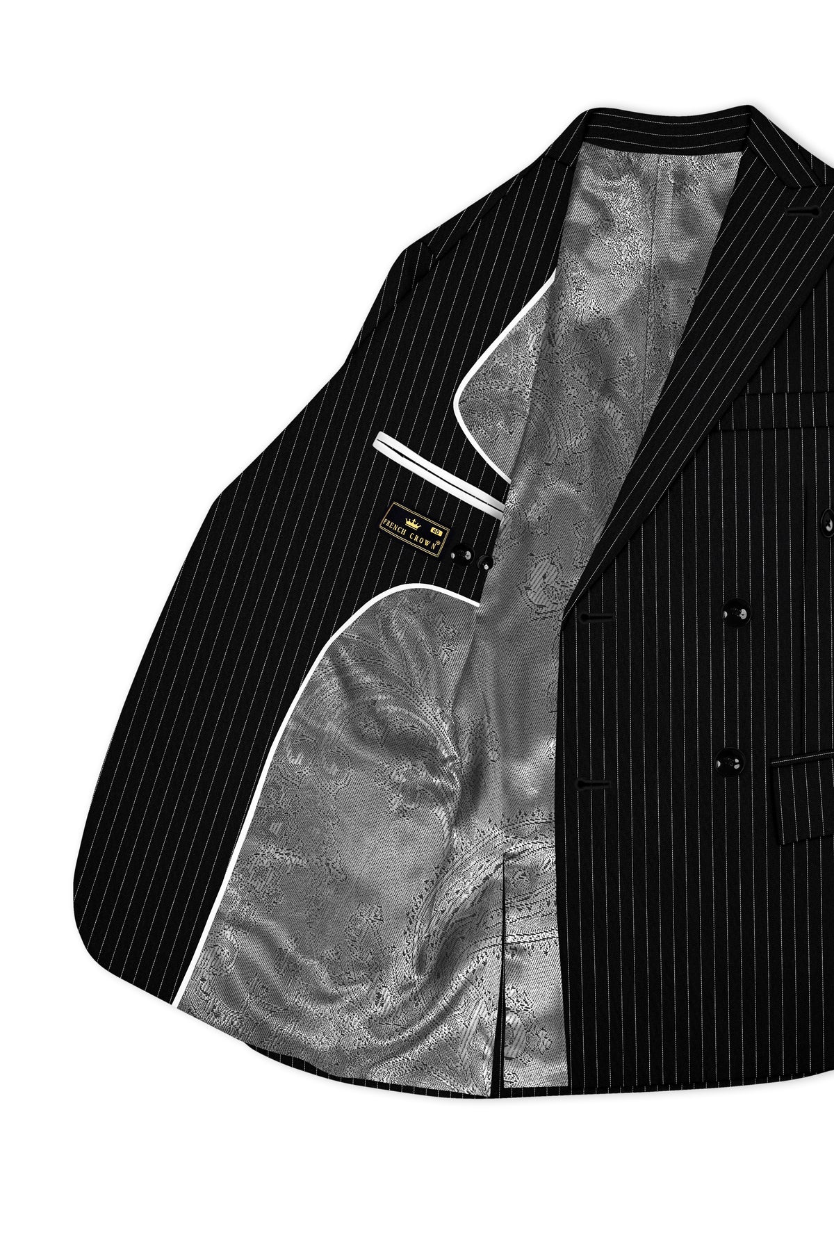 Gravitas-Jade Black And Bright White Chalk Striped Wool Rich Wrinkle-Free Fluid Drape Fabric Double Breasted Suit