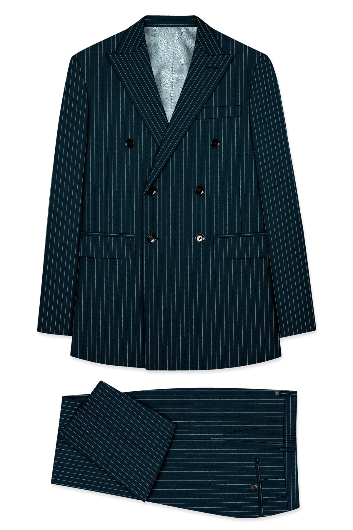 Zenith-Imperial Teal And Bright White Chalk Striped Wool Rich Wrinkle-Free Fluid Drape Fabric Double Breasted Suit