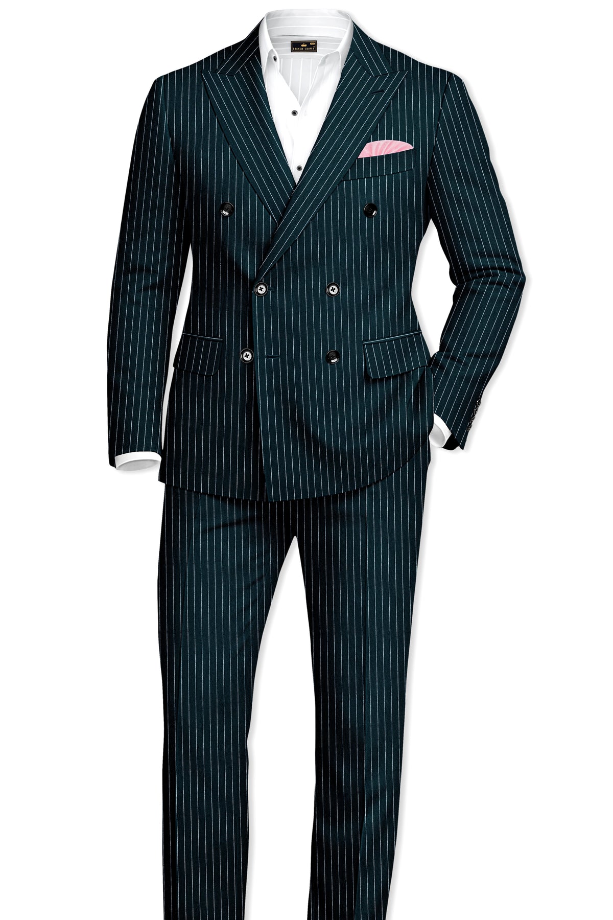 Zenith-Imperial Teal And Bright White Chalk Striped Wool Rich Wrinkle-Free Fluid Drape Fabric Double Breasted Suit