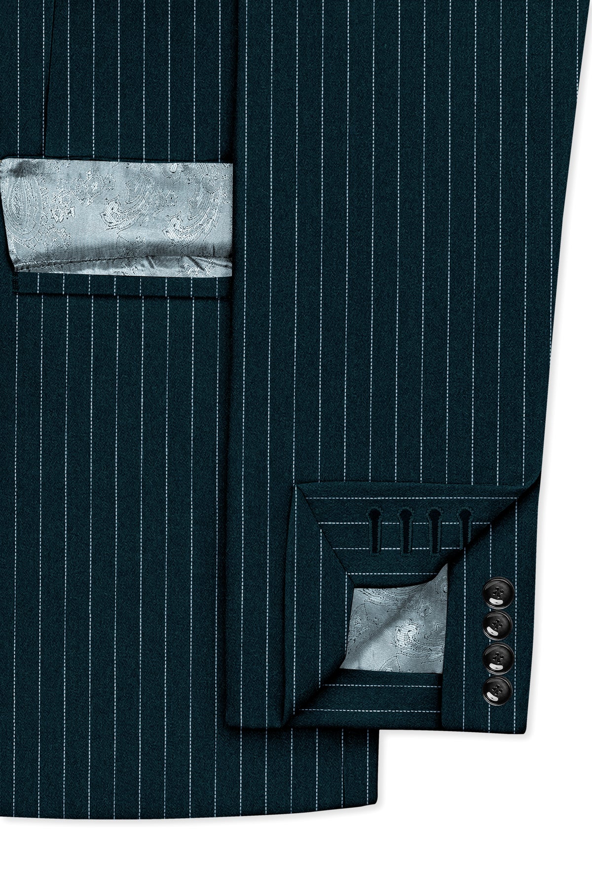 Zenith-Imperial Teal And Bright White Chalk Striped Wool Rich Wrinkle-Free Fluid Drape Fabric Double Breasted Suit