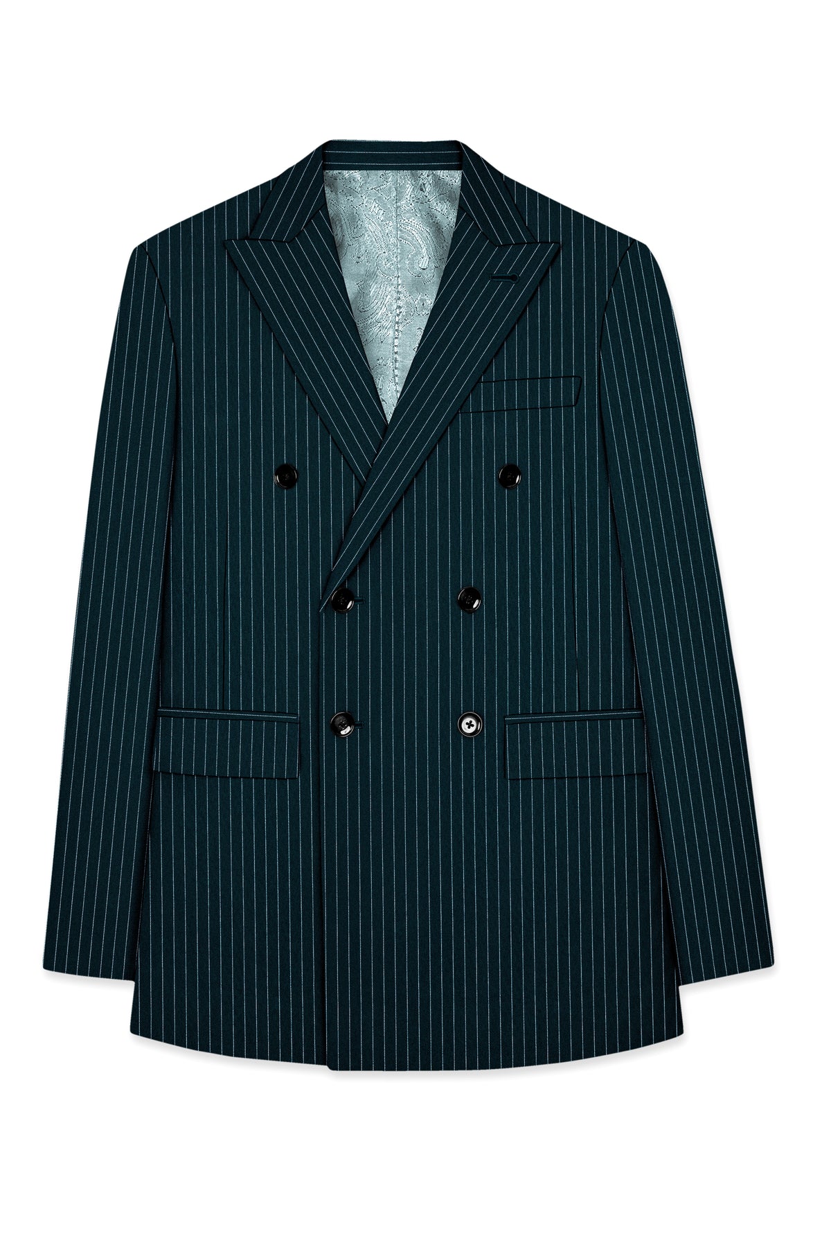 Zenith-Imperial Teal And Bright White Chalk Striped Wool Rich Wrinkle-Free Fluid Drape Fabric Double Breasted Suit