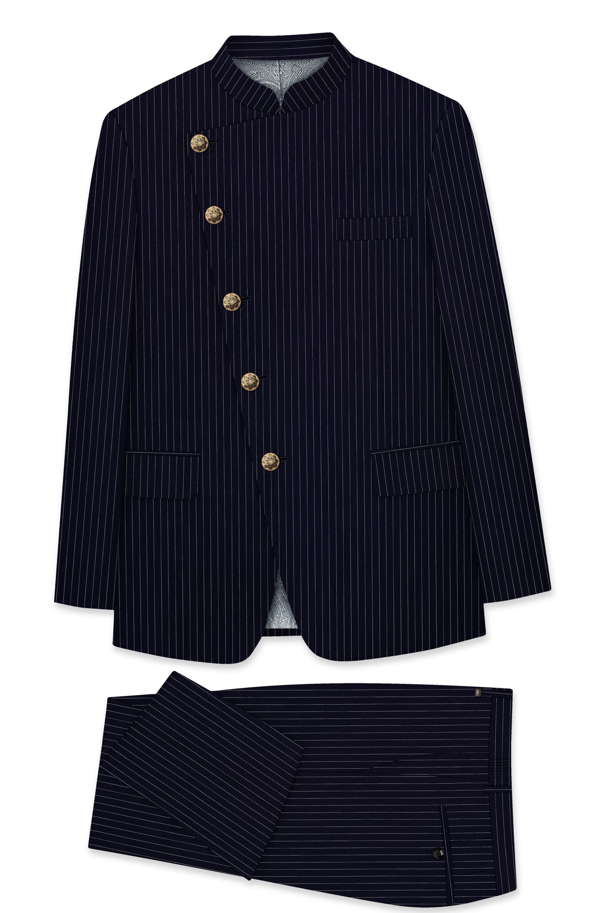 Mariner-Denim Blue And Bright White Chalk Striped Wool Rich Wrinkle-Free Fluid Drape Fabric Cross Placket Bandhgala Suit