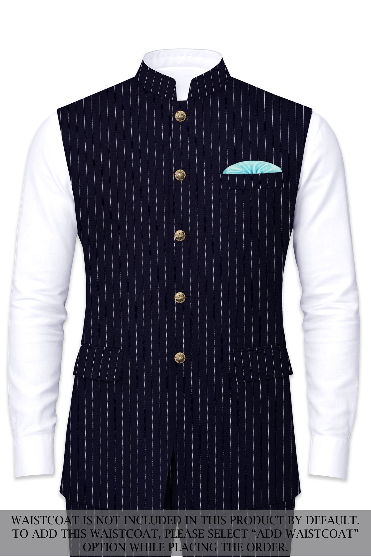 Mariner-Denim Blue And Bright White Chalk Striped Wool Rich Wrinkle-Free Fluid Drape Fabric Cross Placket Bandhgala Suit