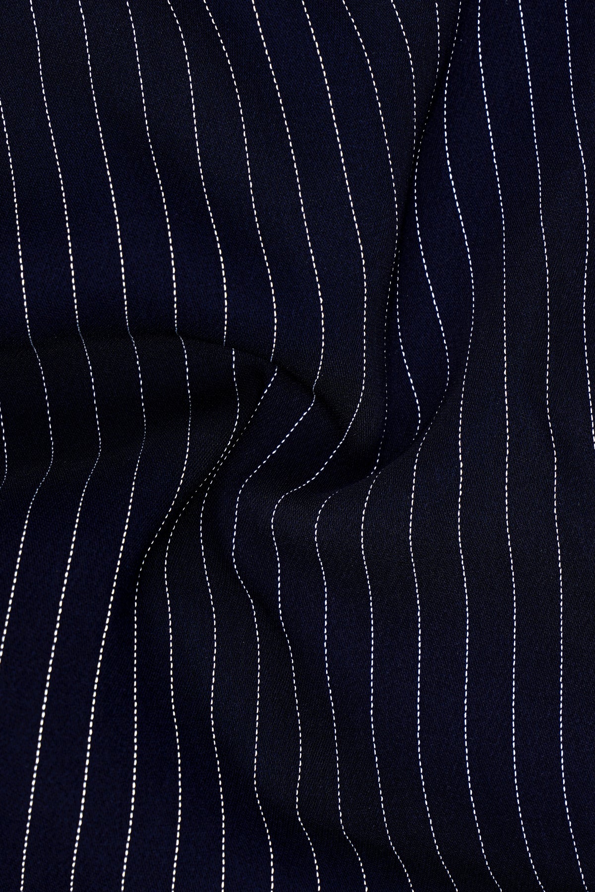 Mariner-Denim Blue And Bright White Chalk Striped Wool Rich Wrinkle-Free Fluid Drape Fabric Cross Placket Bandhgala Suit