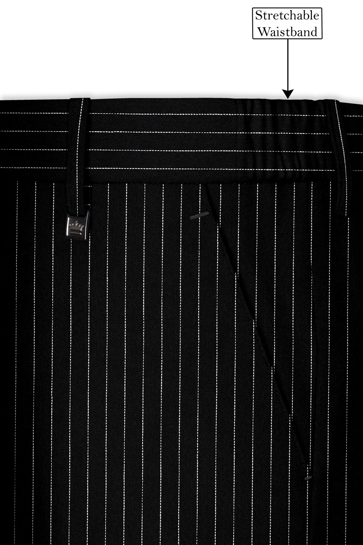 Gravitas-Jade Black And Bright White Chalk Striped Wool Rich Wrinkle-Free Fluid Drape Fabric Tuxedo Suit