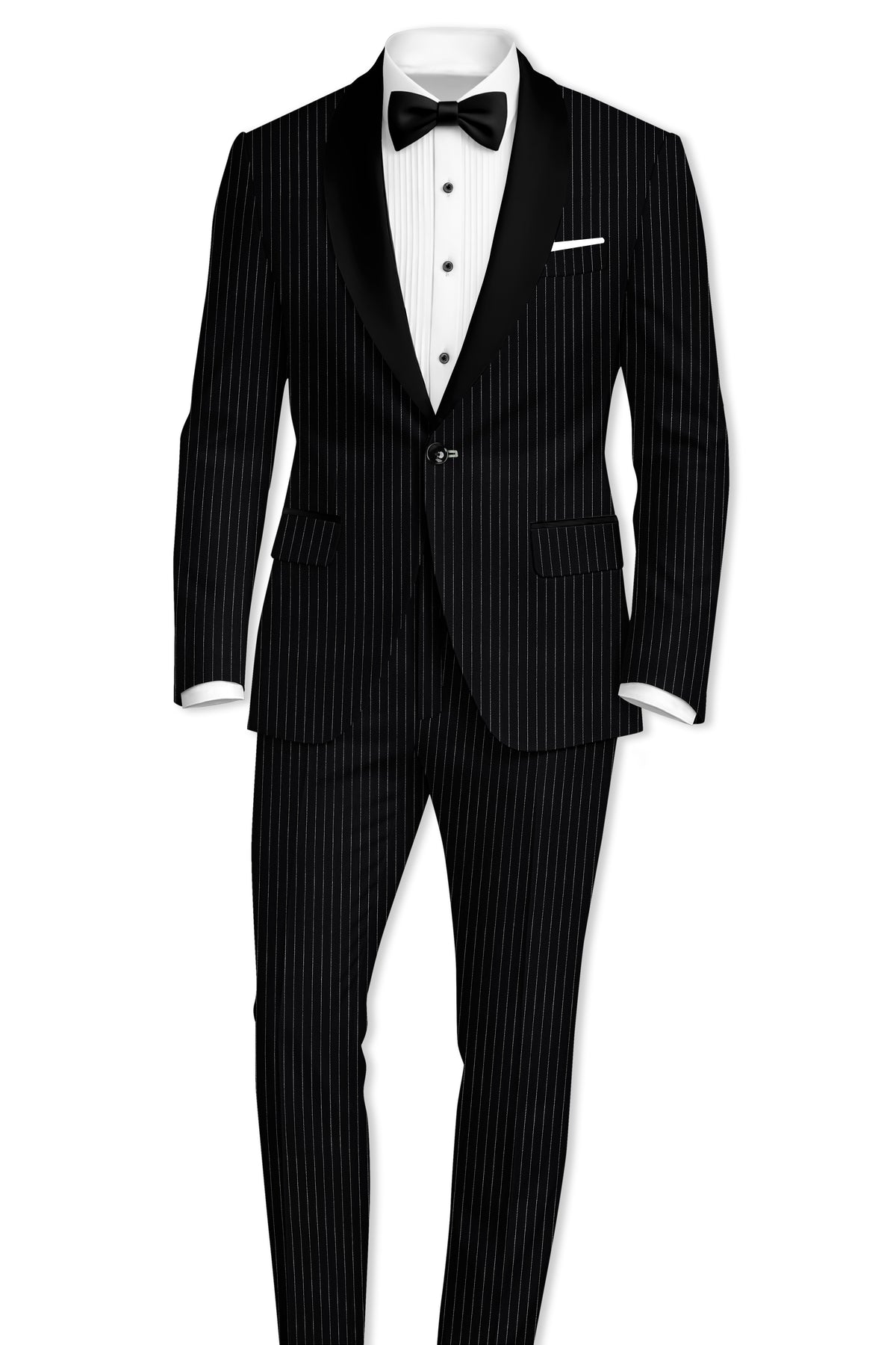 Gravitas-Jade Black And Bright White Chalk Striped Wool Rich Wrinkle-Free Fluid Drape Fabric Tuxedo Suit