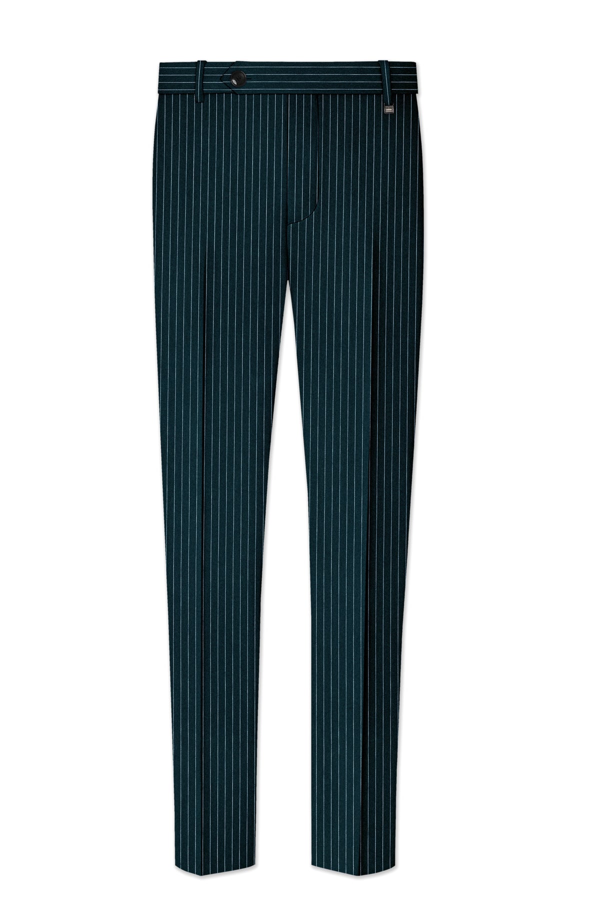 Zenith-Imperial Teal And Bright White Chalk Striped Wool Rich Wrinkle-Free Fluid Drape Fabric Cross Placket Bandhgala Suit