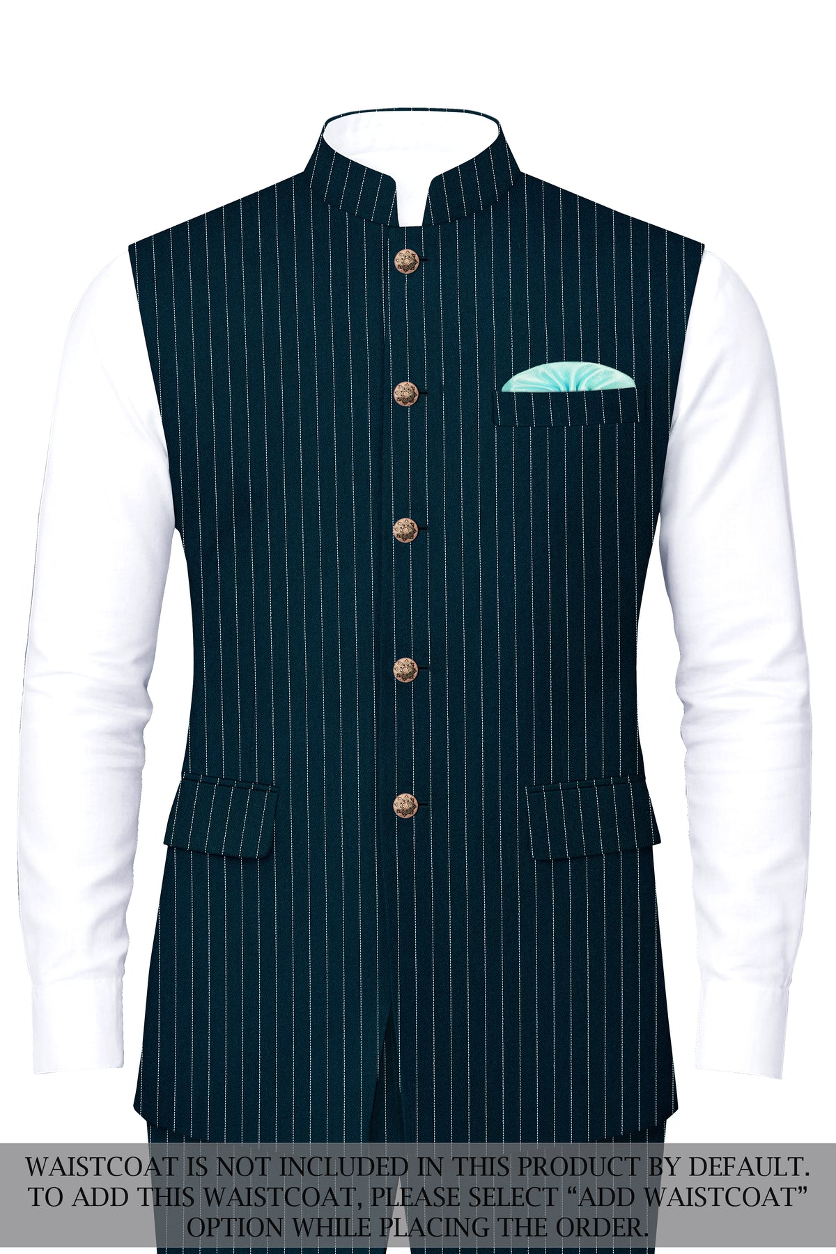 Zenith-Imperial Teal And Bright White Chalk Striped Wool Rich Wrinkle-Free Fluid Drape Fabric Cross Placket Bandhgala Suit