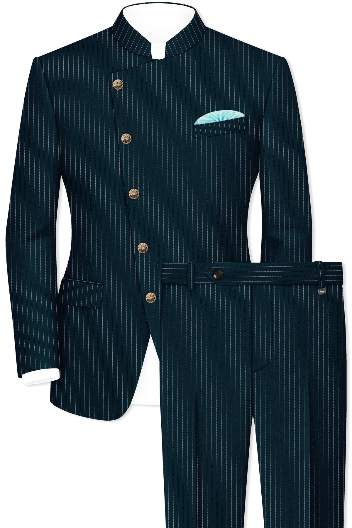 Zenith-Imperial Teal And Bright White Chalk Striped Wool Rich Wrinkle-Free Fluid Drape Fabric Cross Placket Bandhgala Suit