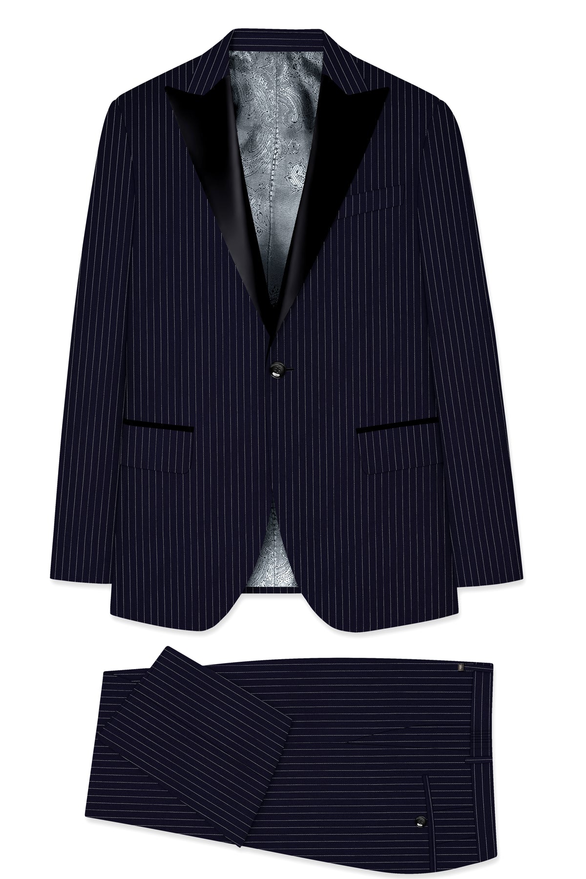 Mariner-Denim Blue And Bright White Chalk Striped Wool Rich Wrinkle-Free Fluid Drape Fabric Peak Lapel Tuxedo Suit