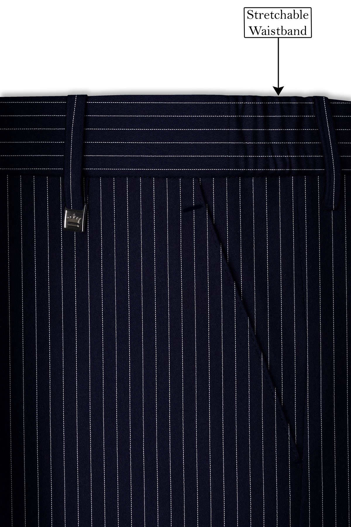 Mariner-Denim Blue And Bright White Chalk Striped Wool Rich Wrinkle-Free Fluid Drape Fabric Peak Lapel Tuxedo Suit