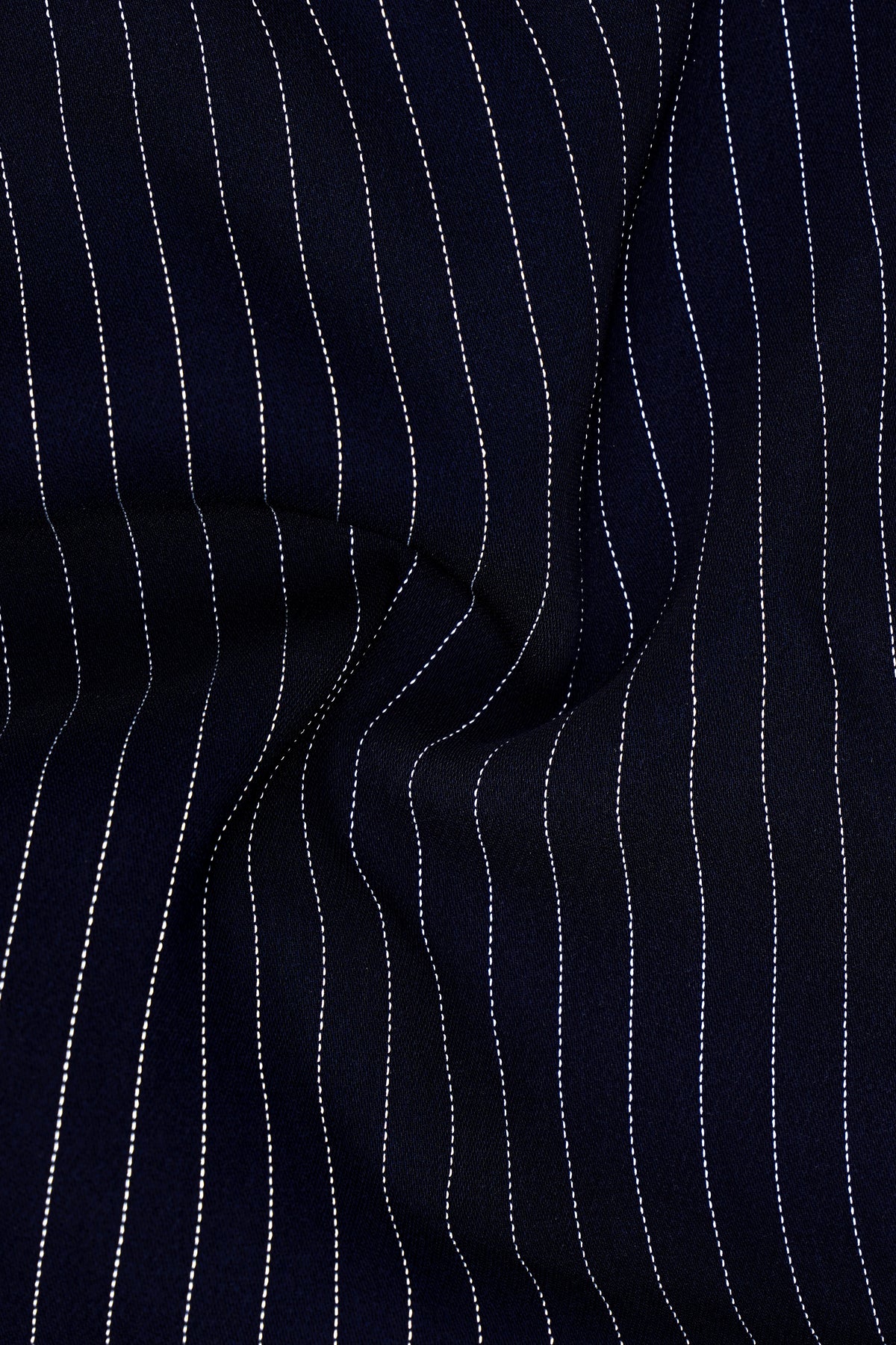Mariner-Denim Blue And Bright White Chalk Striped Wool Rich Wrinkle-Free Fluid Drape Fabric Peak Lapel Tuxedo Suit