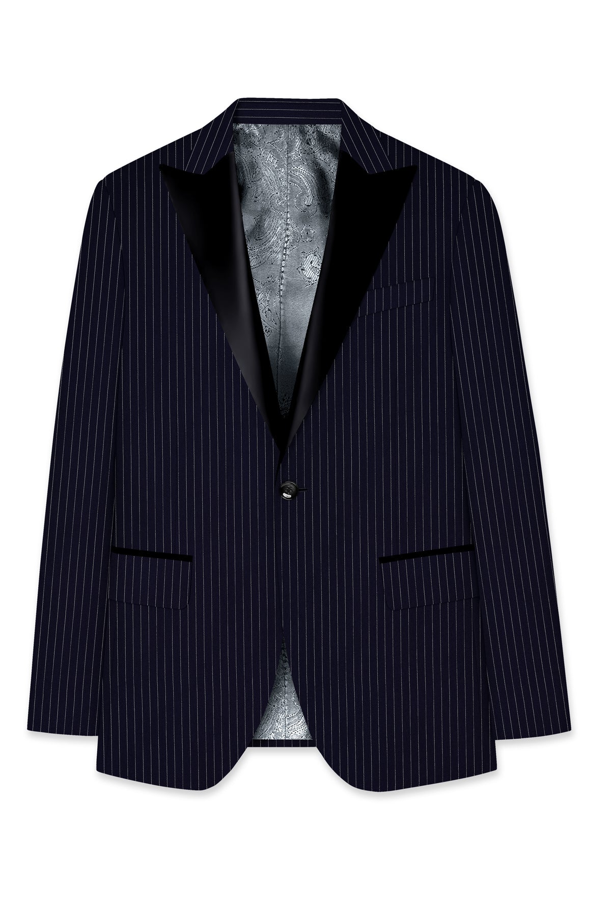 Mariner-Denim Blue And Bright White Chalk Striped Wool Rich Wrinkle-Free Fluid Drape Fabric Peak Lapel Tuxedo Suit