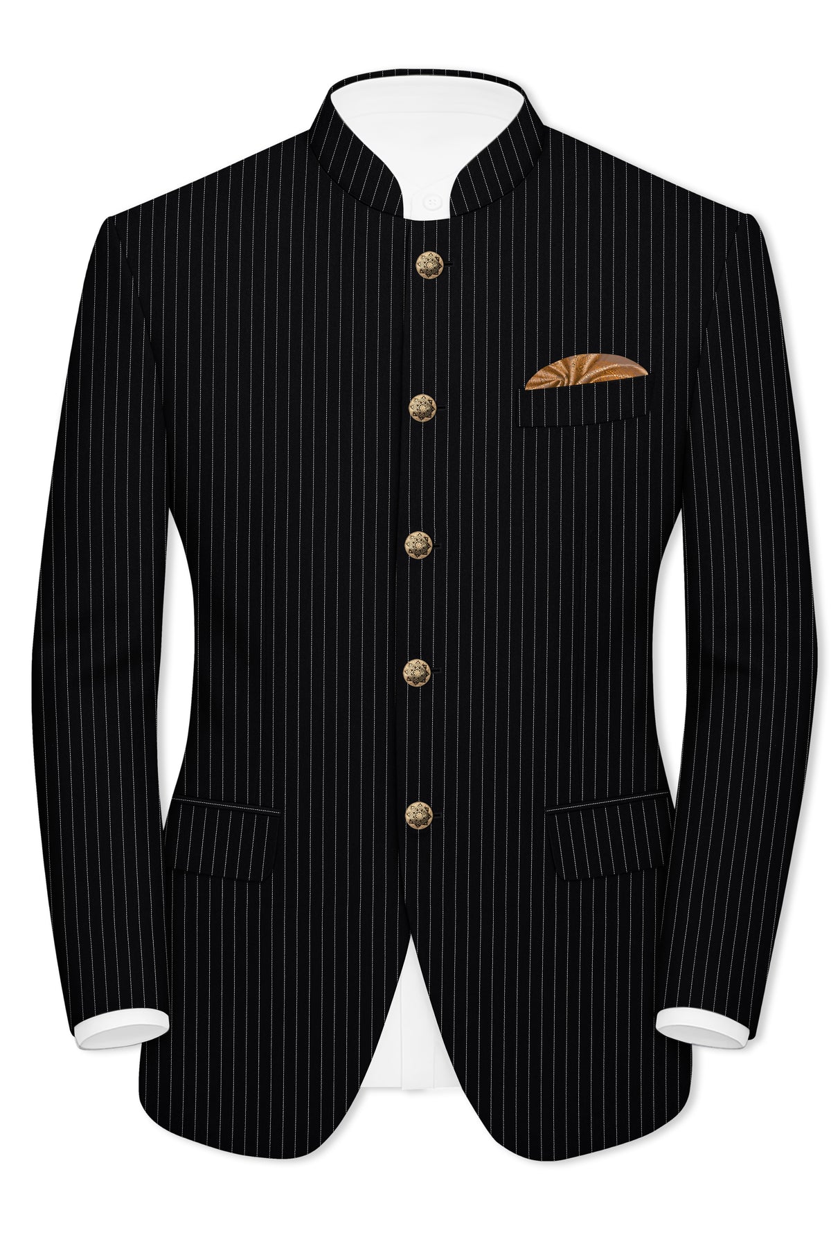 Gravitas-Jade Black And Bright White Chalk Striped Wool Rich Wrinkle-Free Fluid Drape Fabric Bandhgala Suit