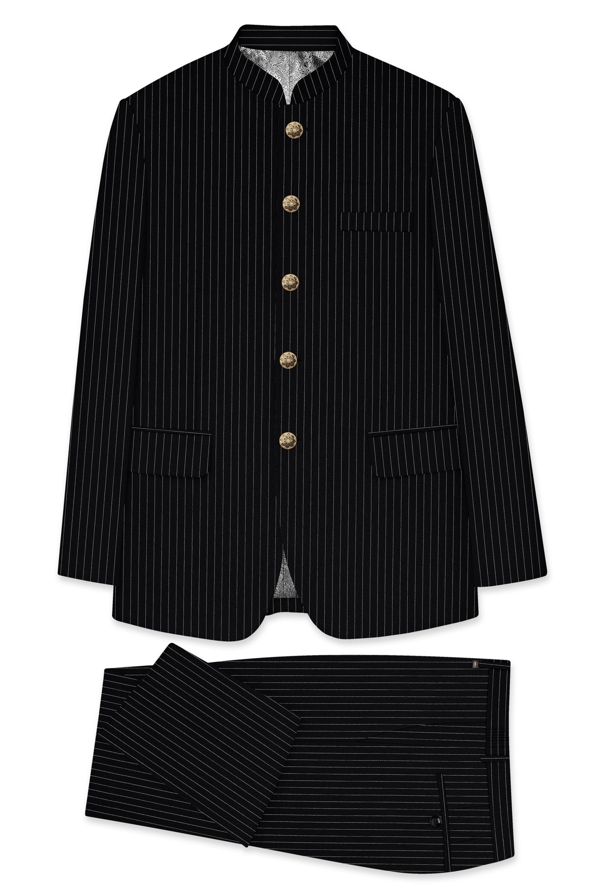 Gravitas-Jade Black And Bright White Chalk Striped Wool Rich Wrinkle-Free Fluid Drape Fabric Bandhgala Suit