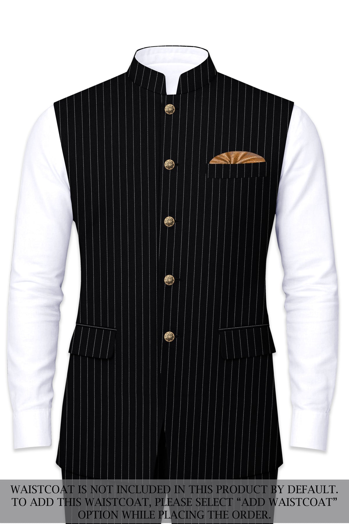 Gravitas-Jade Black And Bright White Chalk Striped Wool Rich Wrinkle-Free Fluid Drape Fabric Bandhgala Suit